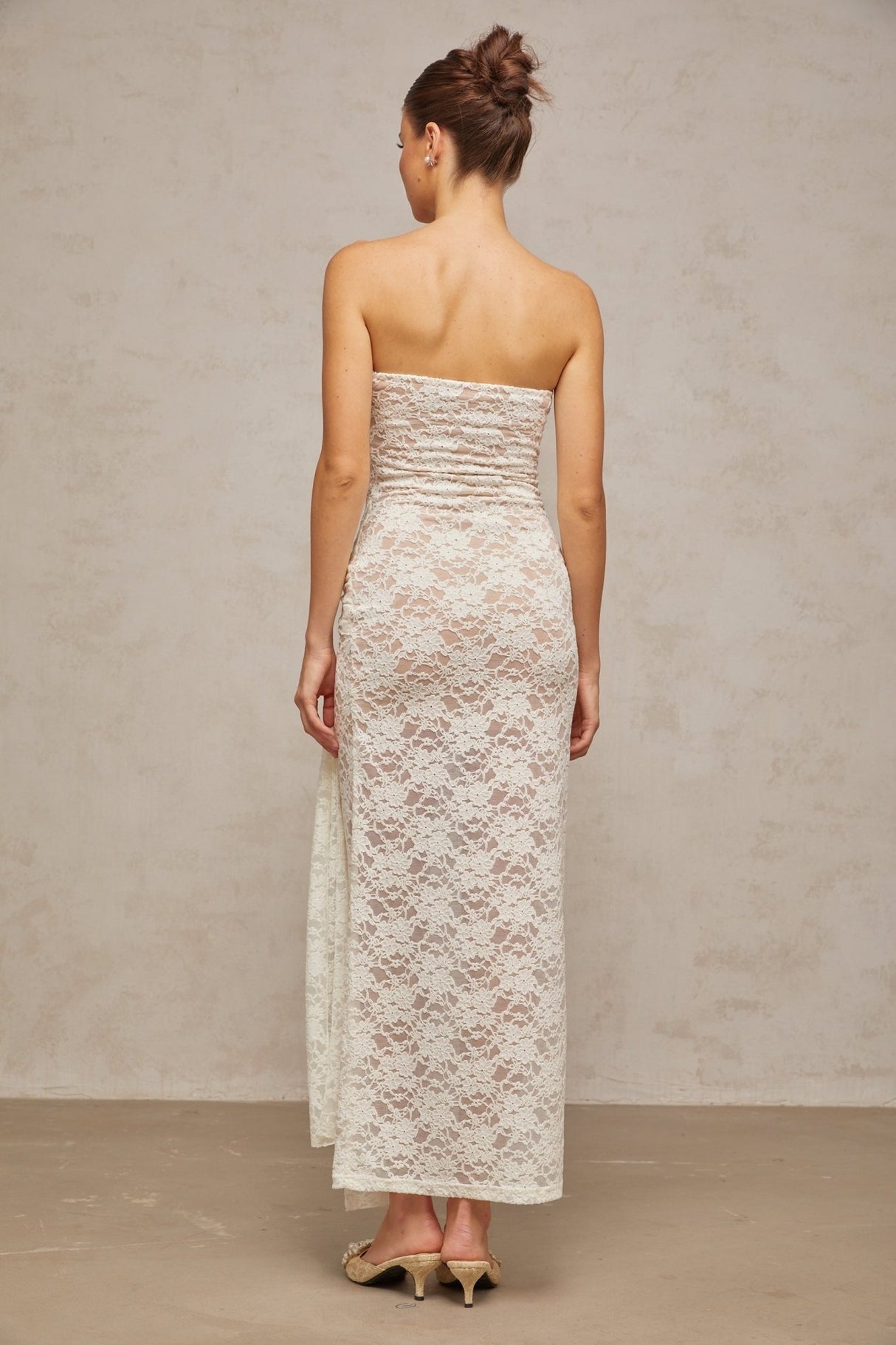 Kylie Midi Dress White Lace Draped & Ruched Strapless