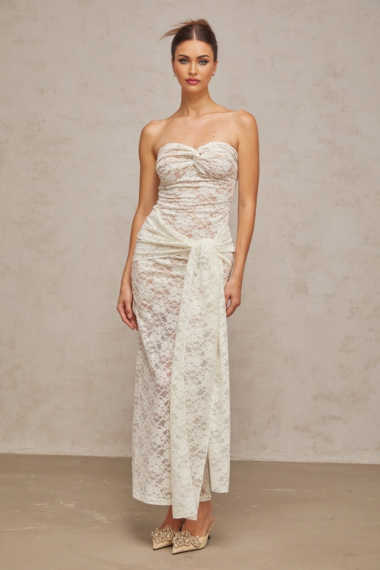 Kylie Midi Dress White Lace Draped & Ruched Strapless
