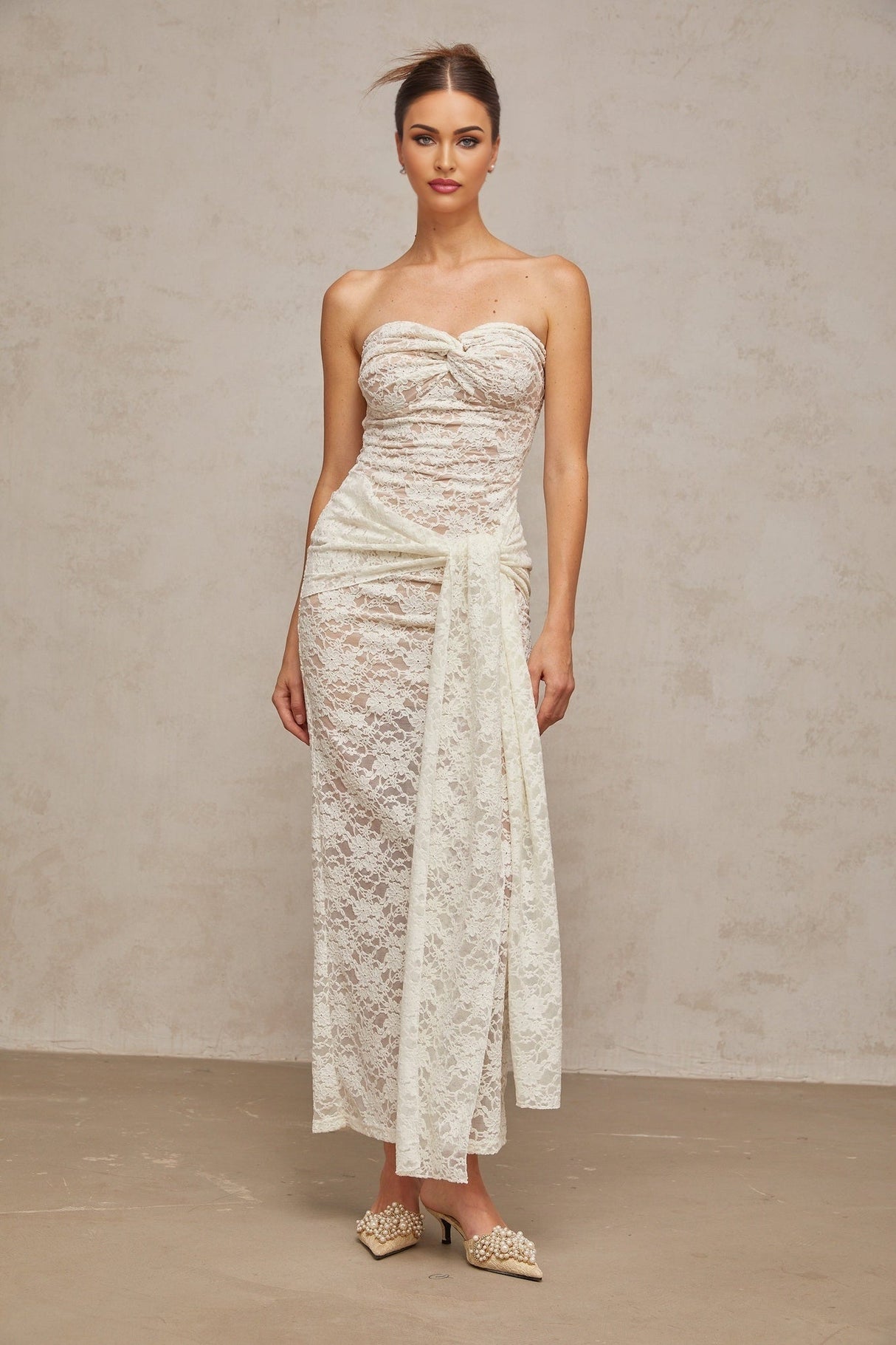 Kylie Midi Dress White Lace Draped & Ruched Strapless