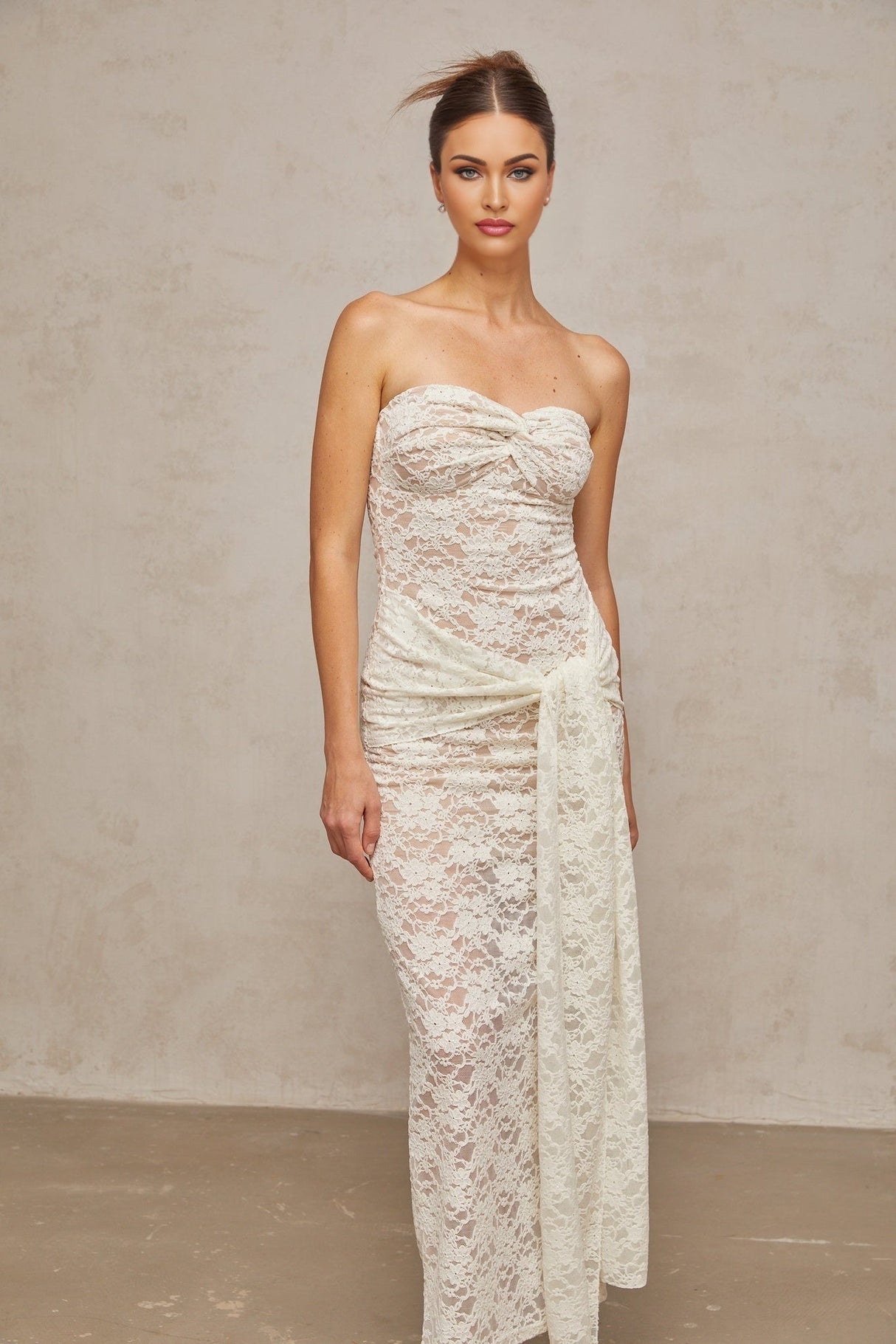 Kylie Midi Dress White Lace Draped & Ruched Strapless