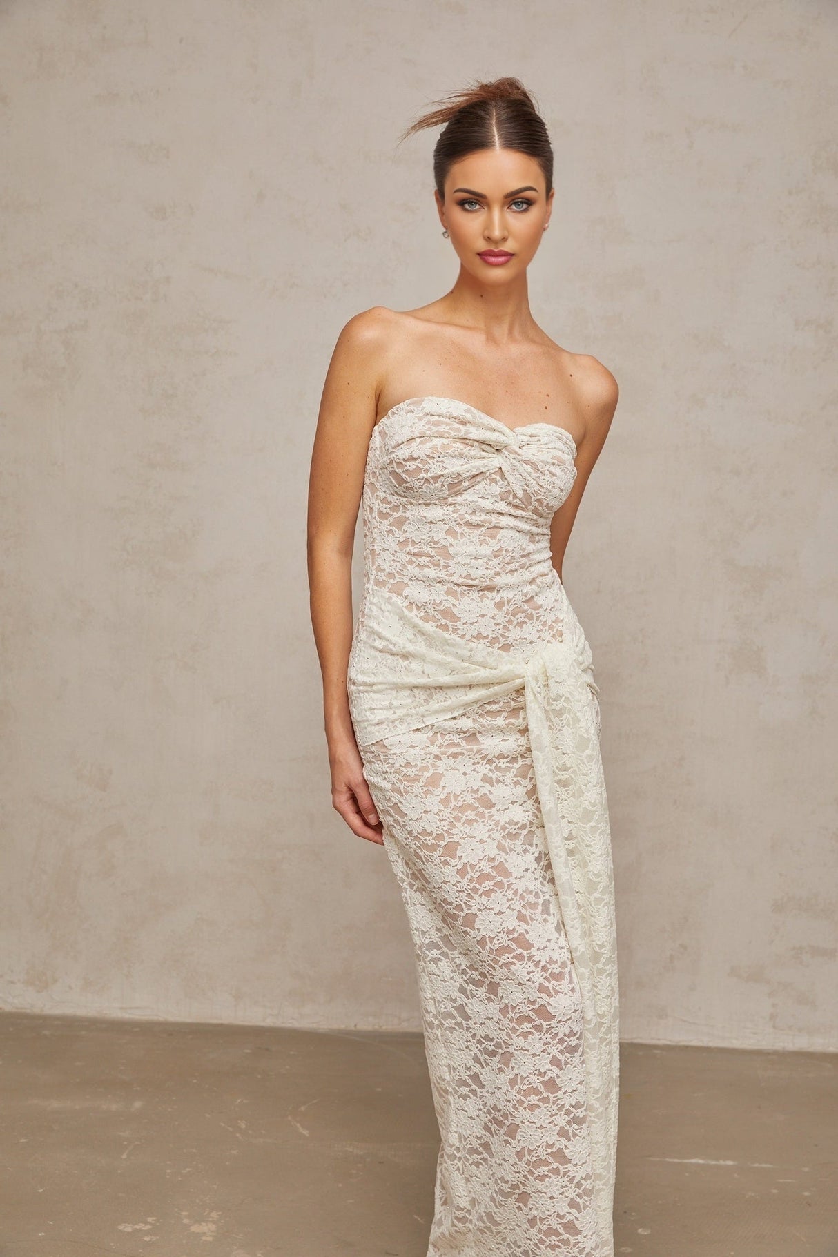 Kylie Midi Dress White Lace Draped & Ruched Strapless
