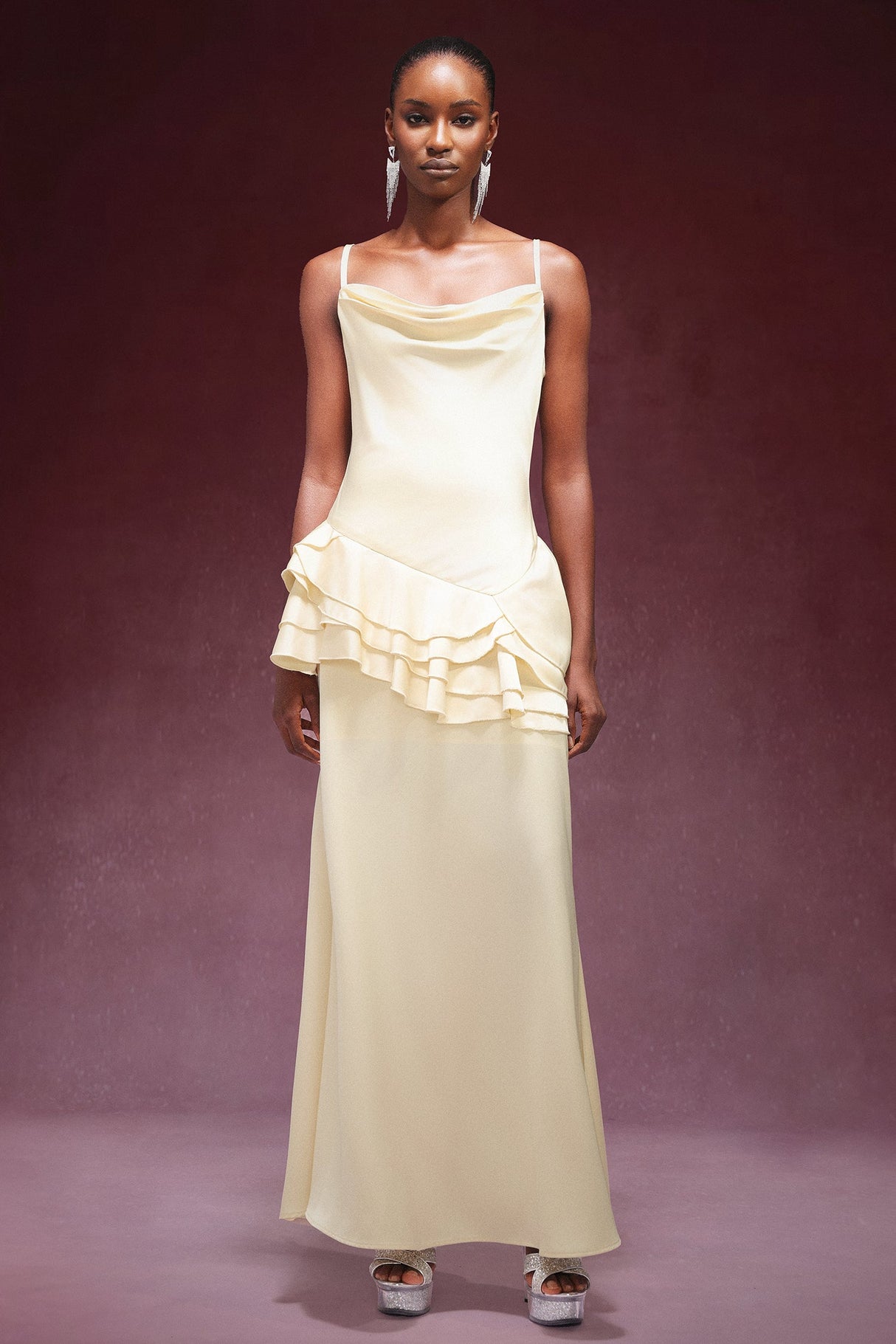 Kylie Yellow Satin Cowl Neck Sleeveless Dress with Falbala Detailing for Formal Occasions