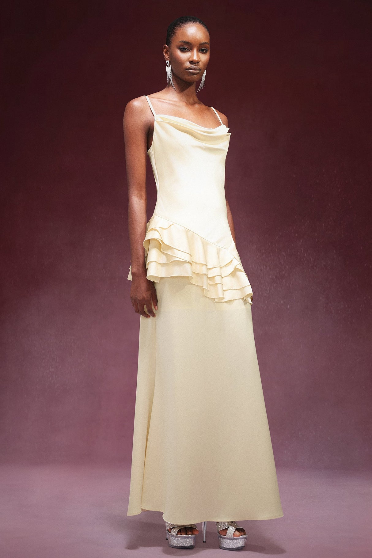 Kylie Yellow Satin Cowl Neck Sleeveless Gown with Falbala Detailing