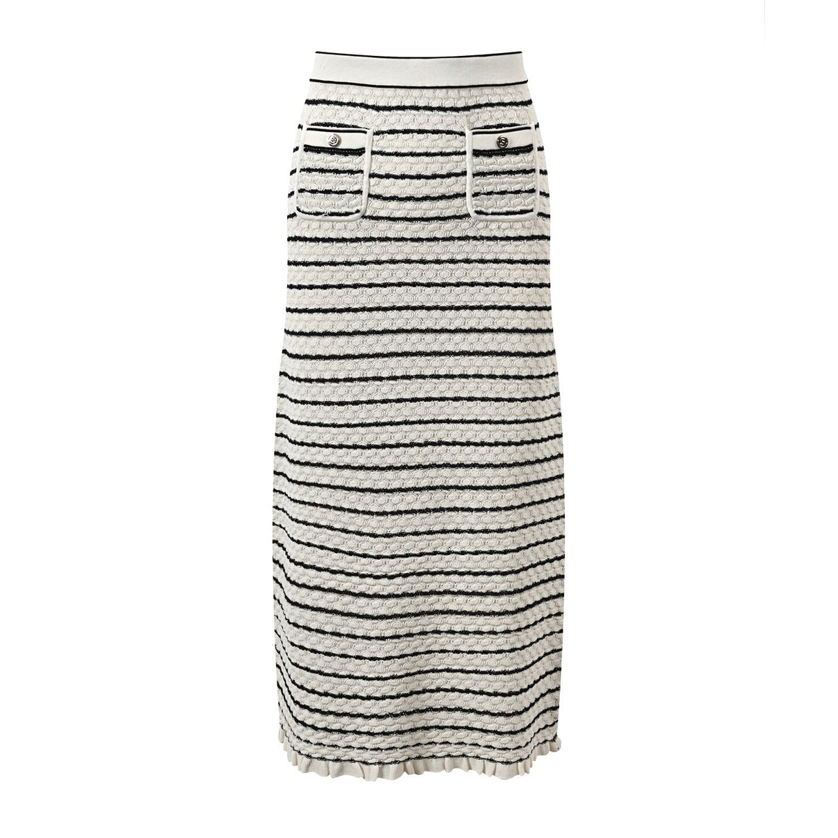 Lacey Cropped Cardigan and Midi Skirt Set - Striped Pattern - Ruffled Hem with Button Accents