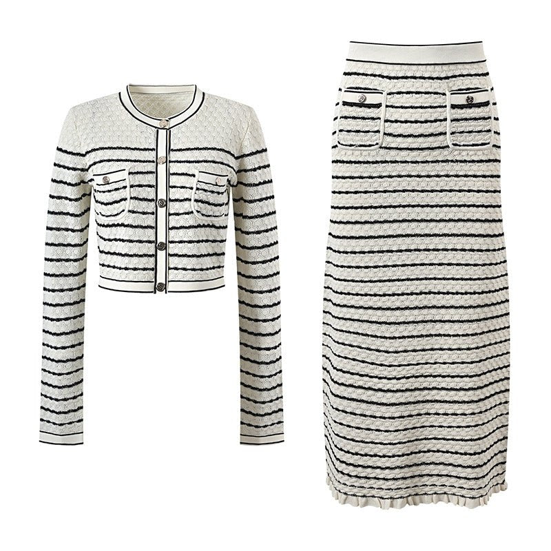 Lacey Cropped Cardigan and Midi Skirt Set - Striped Pattern - Ruffled Hem with Button Accents