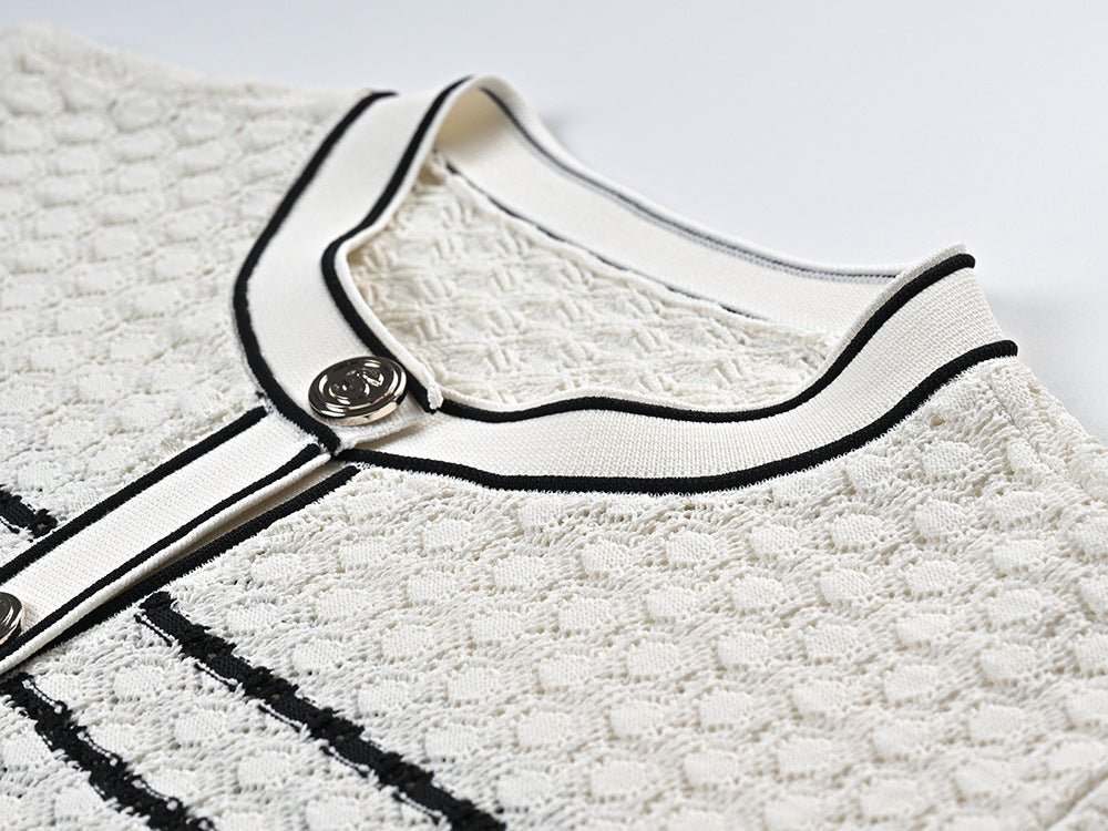 Lacey Cropped Cardigan and Midi Skirt Set - Striped Pattern - Ruffled Hem with Button Accents