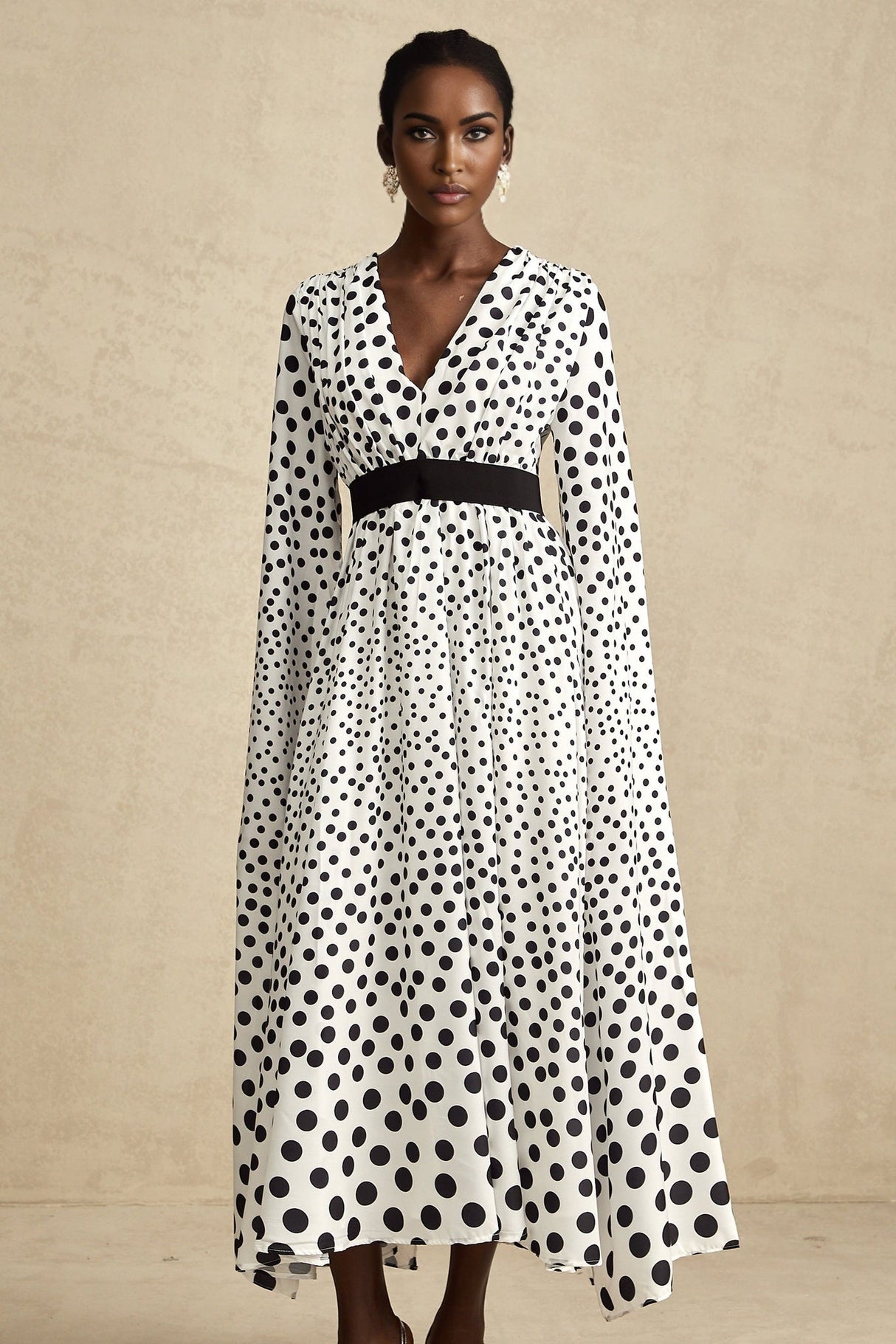 Lacey Midi Dress - Plunging V - neck - Extra - long slit sleeves - Cinched waist - Polka - dot