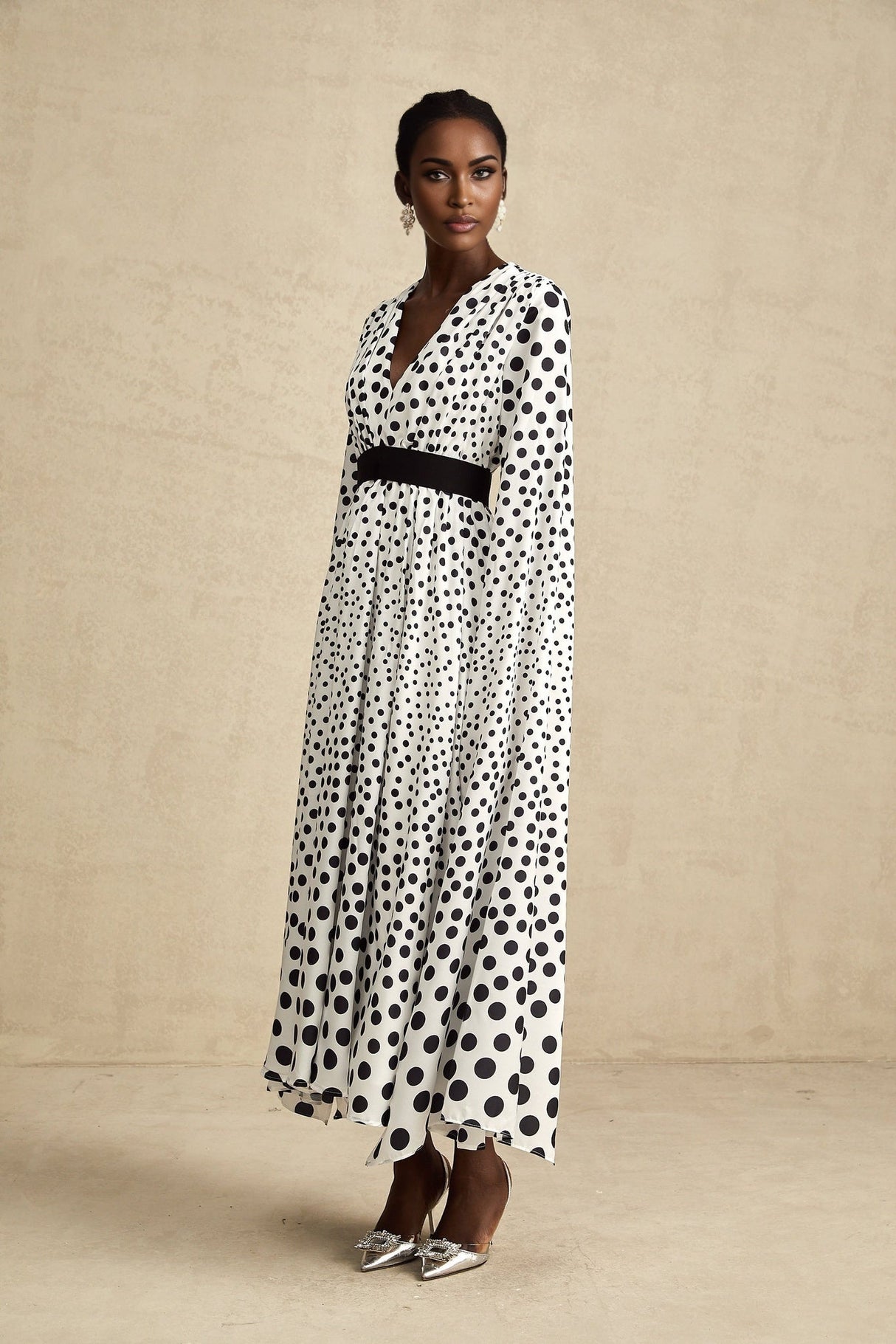Lacey Midi Dress Polka Dot White & Black Slit Sleeves V Neck