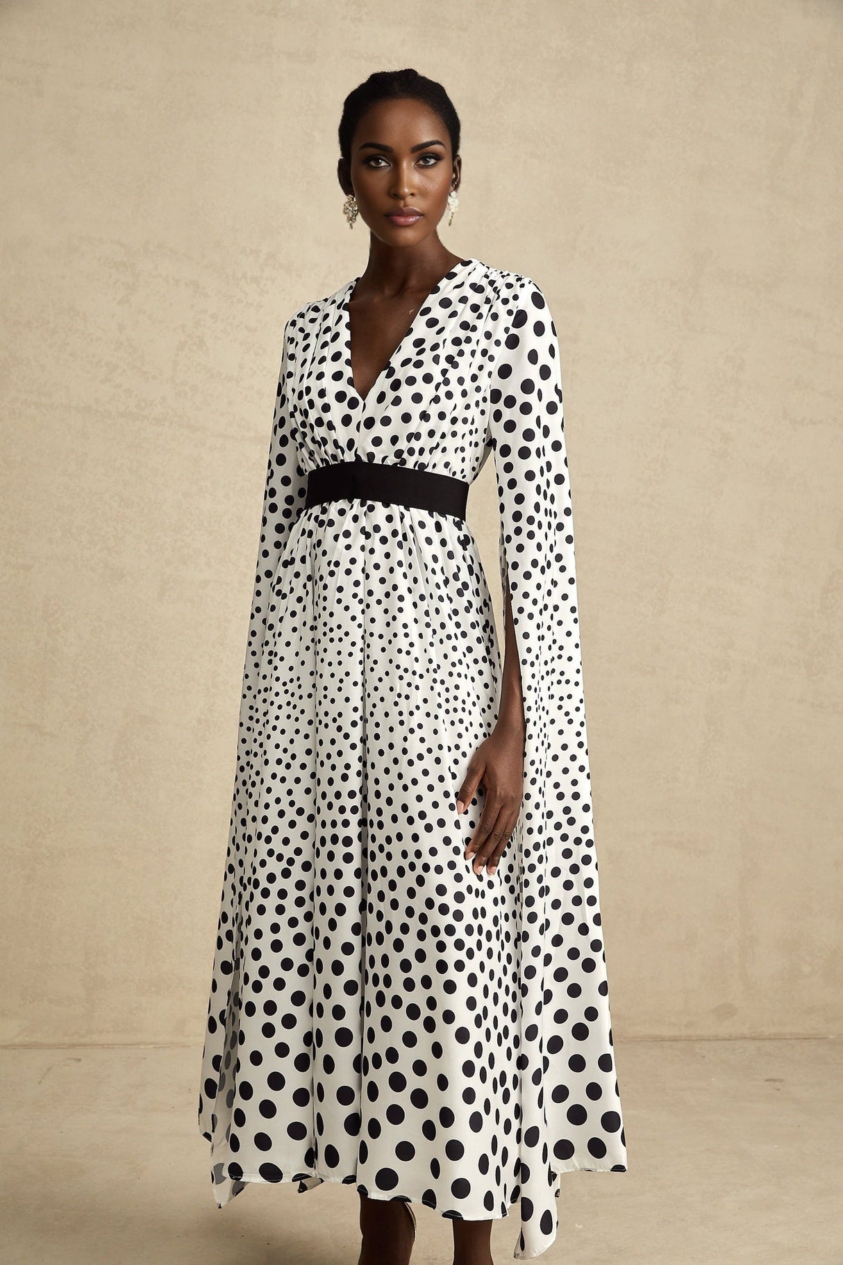 Lacey Midi Dress Polka Dot White & Black Slit Sleeves V Neck