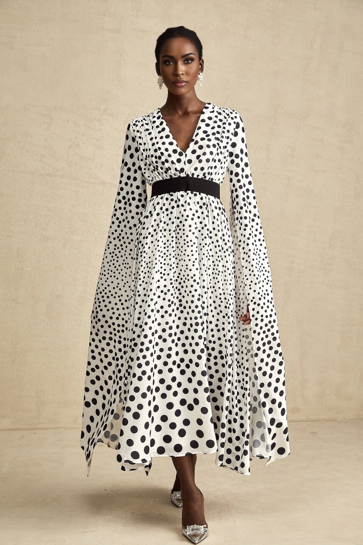 Lacey Midi Dress Polka Dot White & Black Slit Sleeves V Neck