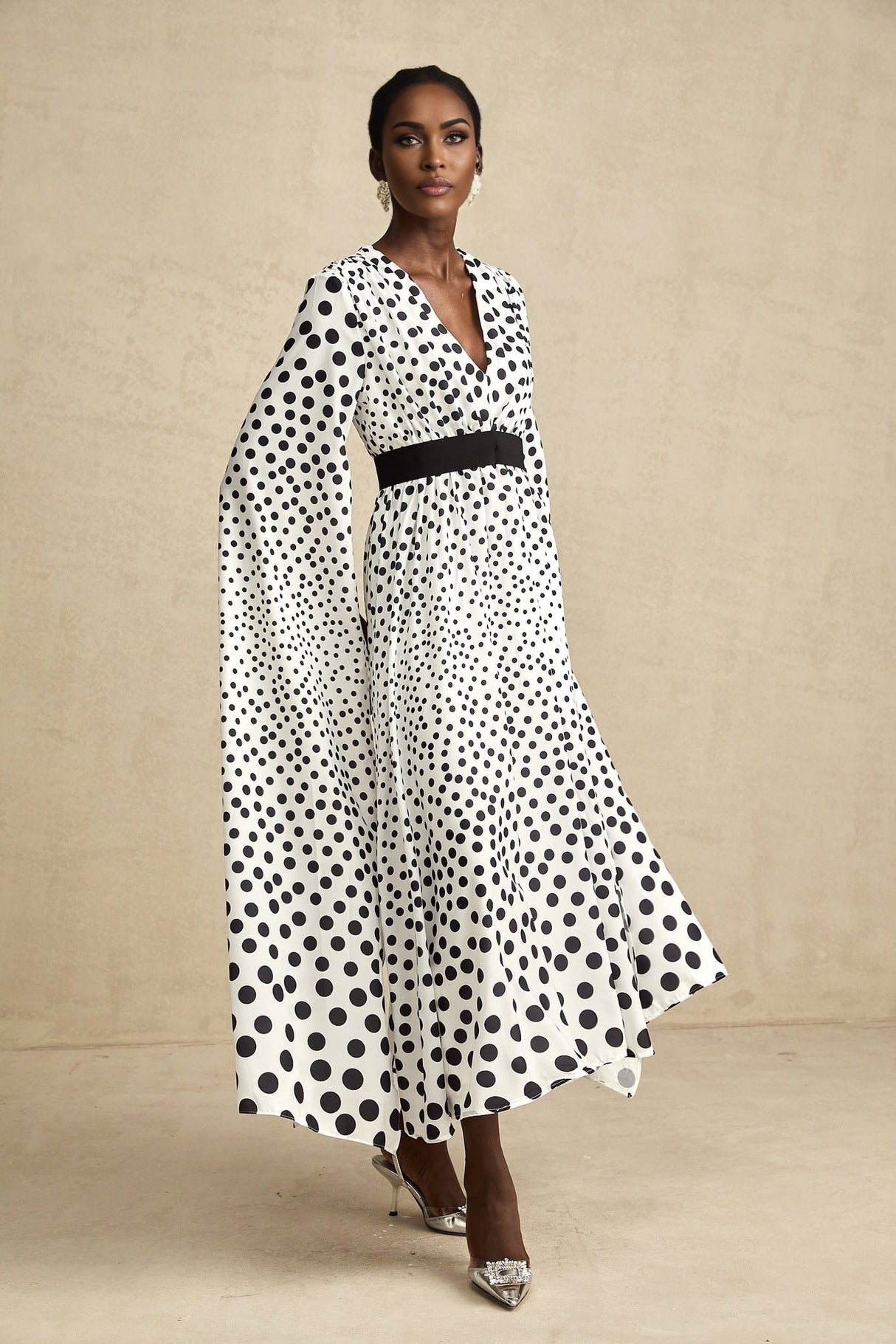 Lacey Midi Dress Polka Dot White & Black Slit Sleeves V Neck