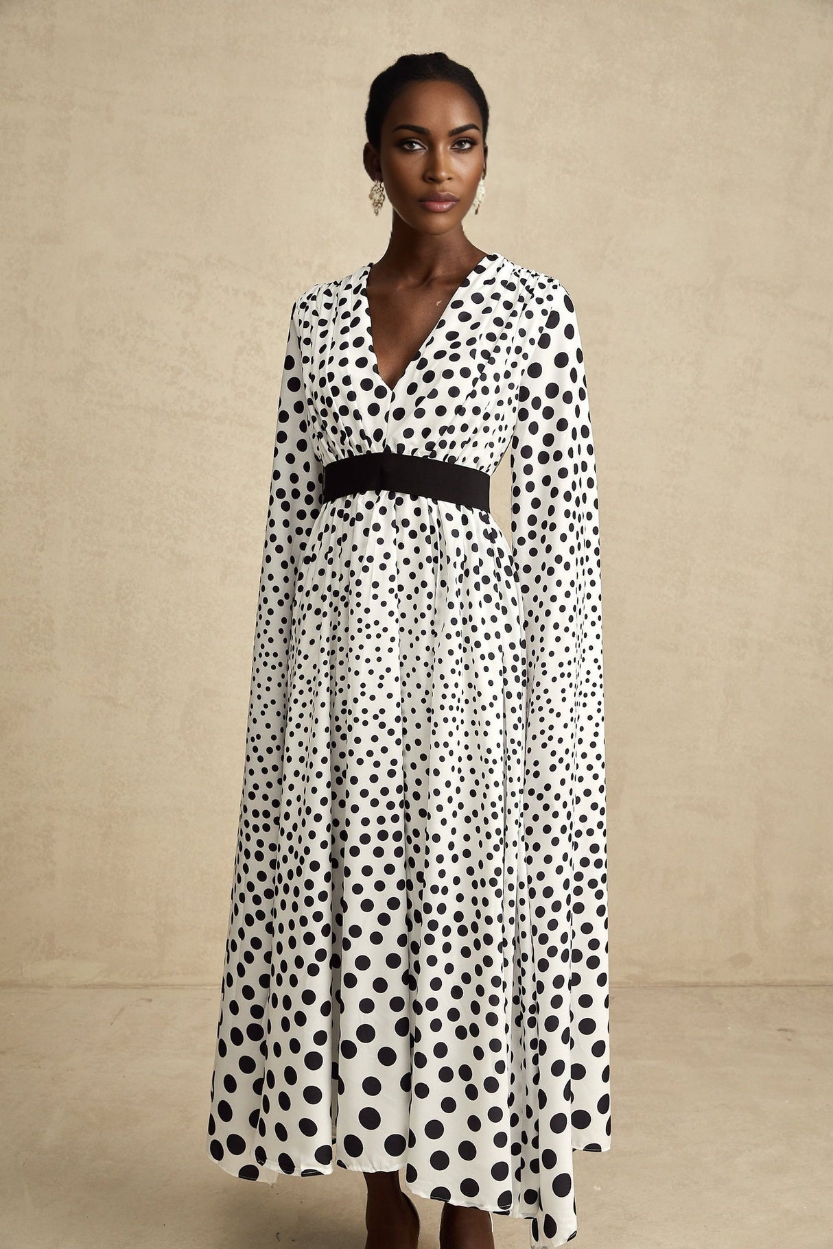 Lacey Midi Dress Polka Dot White & Black Slit Sleeves V Neck