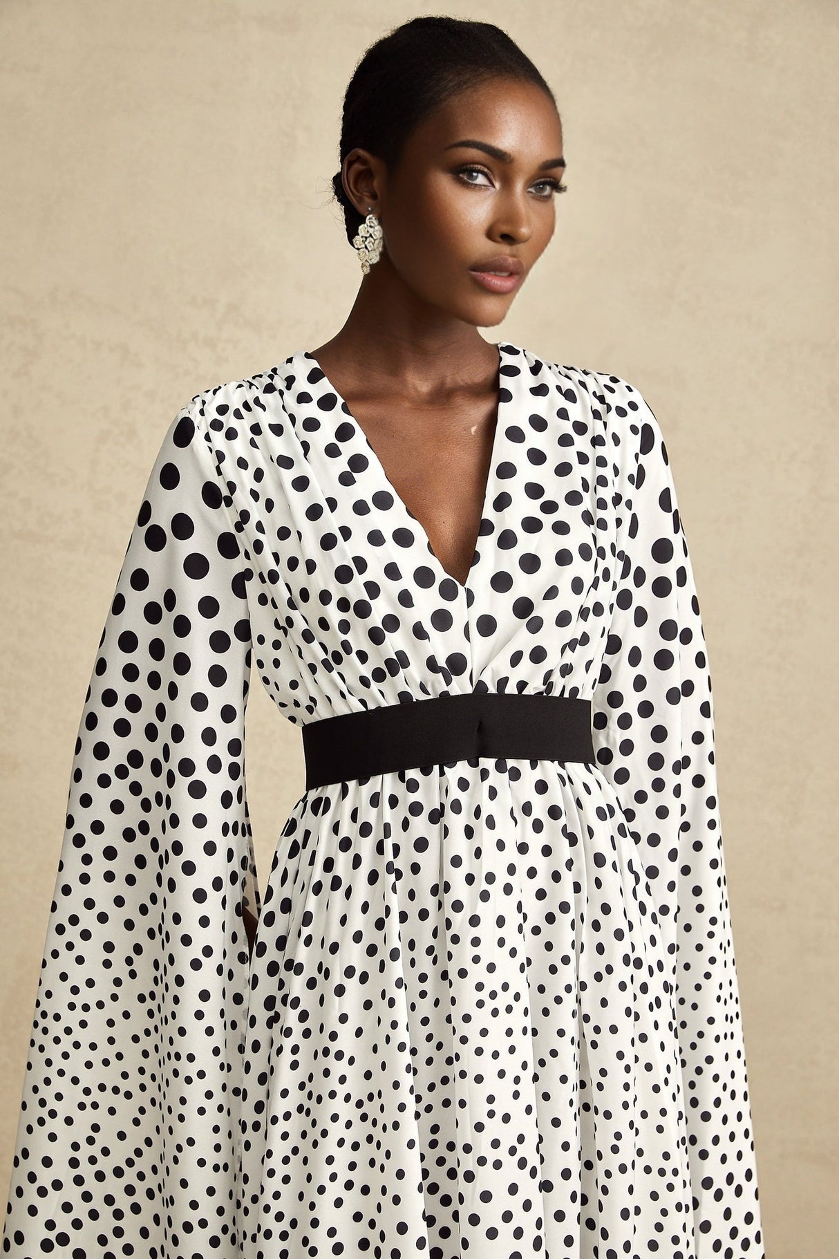 Lacey Midi Dress Polka Dot White & Black Slit Sleeves V Neck