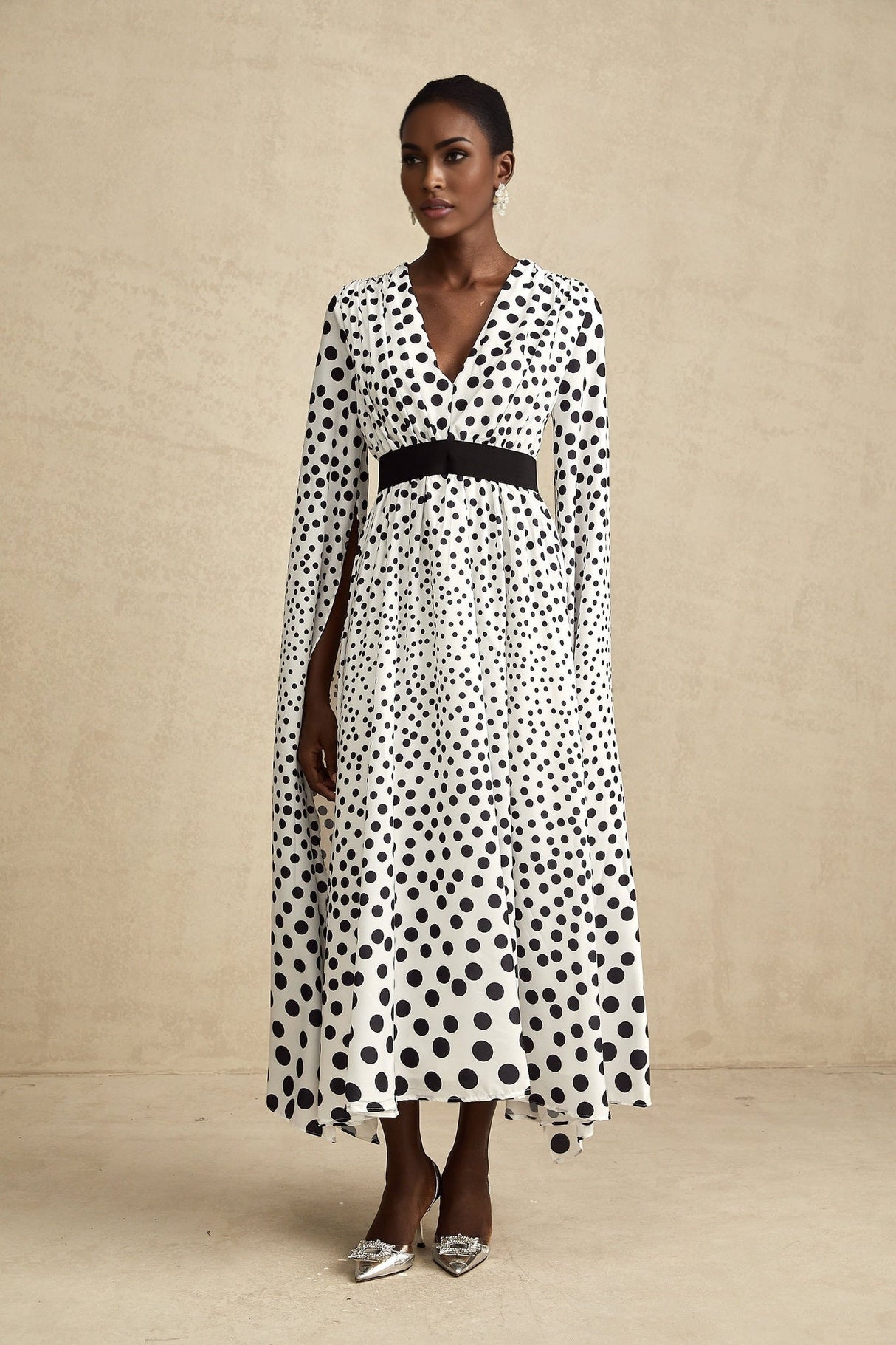 Lacey Midi Dress Polka Dot White & Black Slit Sleeves V Neck