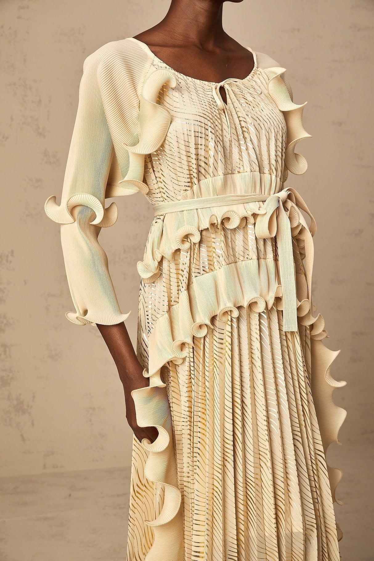 Lacey Midi Dress - Ruffled Detailing & Wavy Pattern