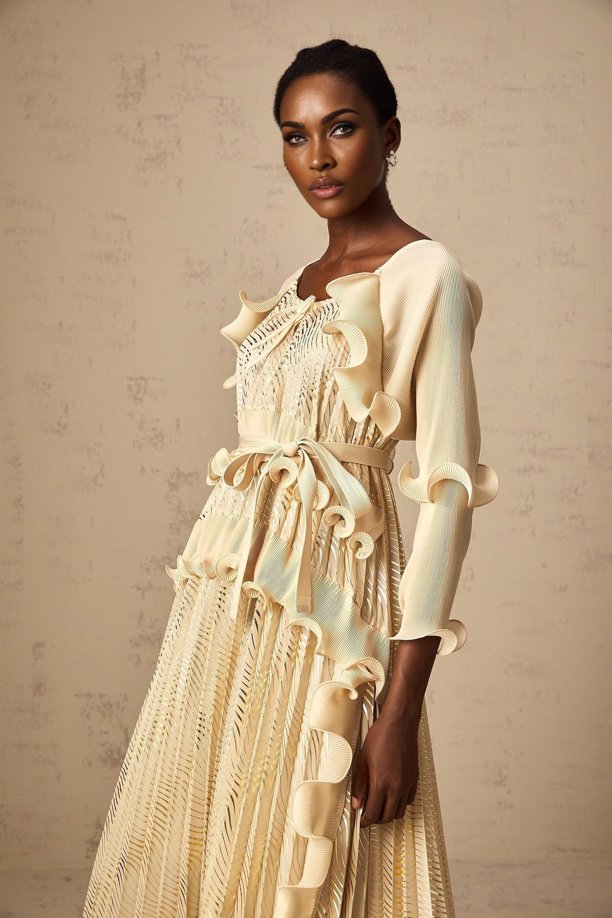 Lacey Midi Dress - Ruffled Detailing & Wavy Pattern