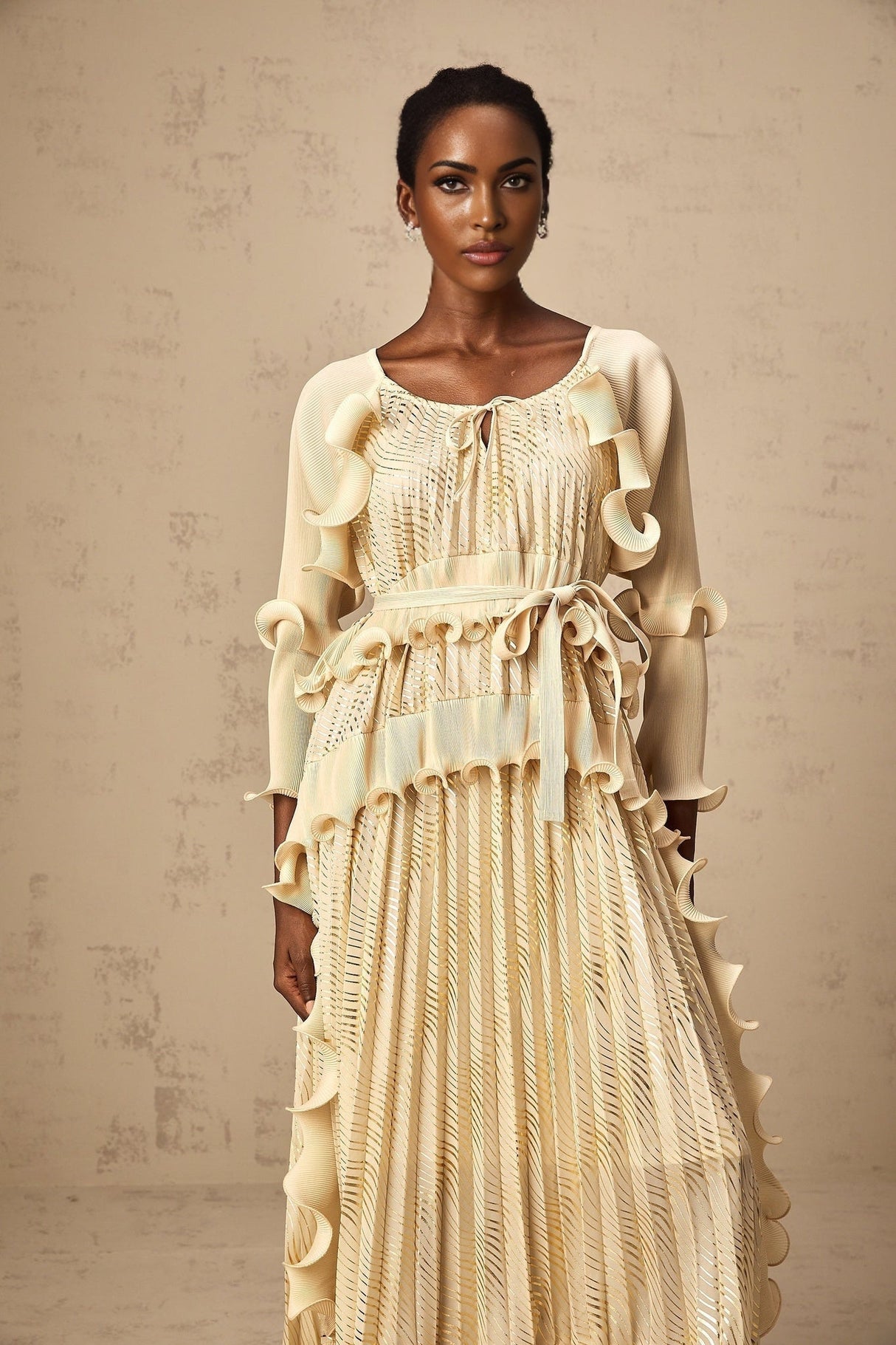 Lacey Midi Dress - Ruffled Detailing & Wavy Pattern