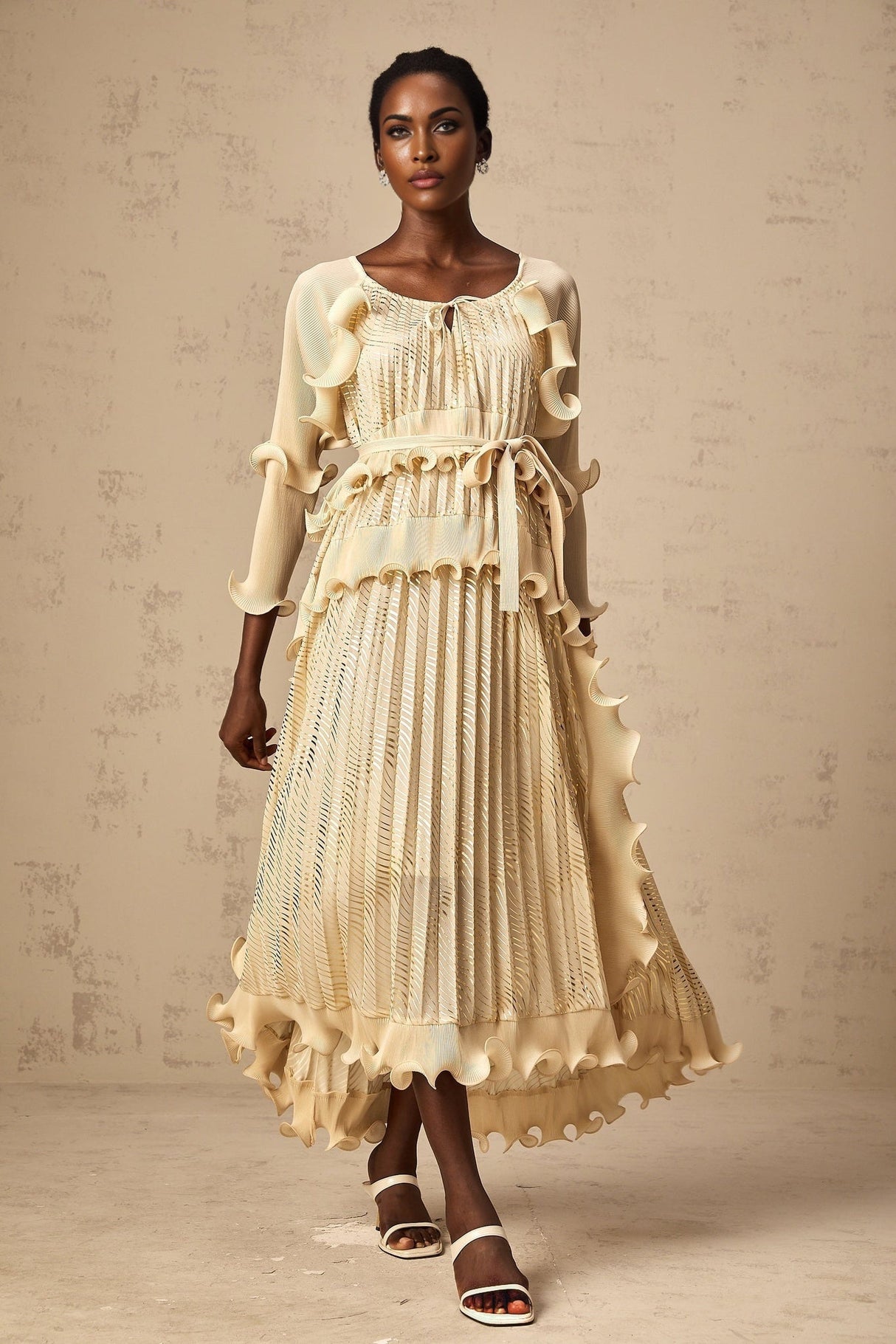 Lacey Midi Dress - Ruffled Detailing & Wavy Pattern