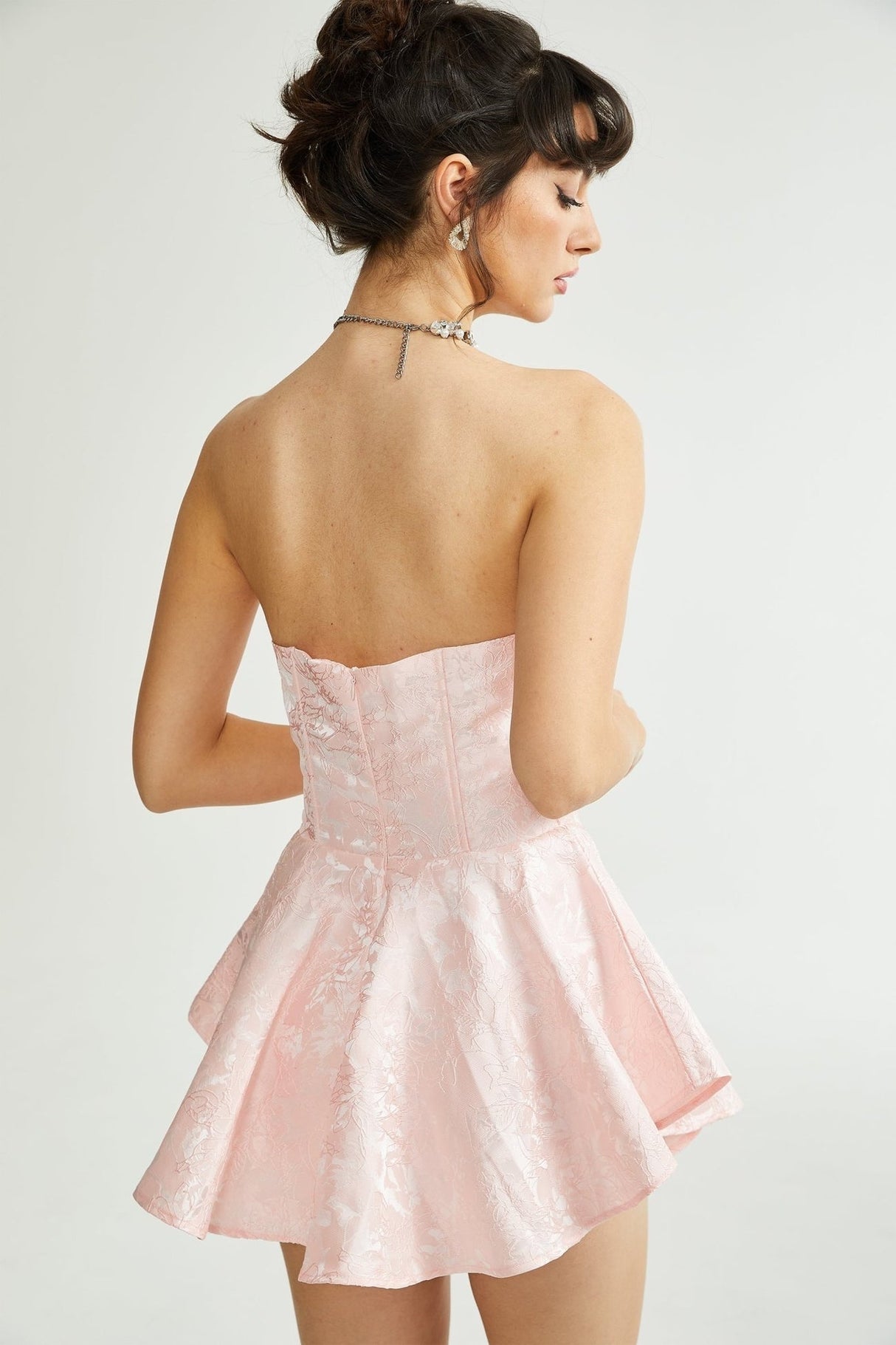 Lacey Mini Dress Pink Jacquard Off The Shoulder Flare Hem