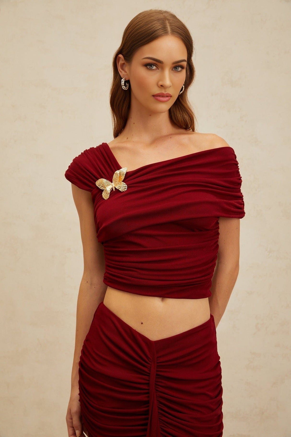 Lacey Top & Skirt - Mono Shoulder - Butterfly Brooch - Ruched Detailing - Asymmetrical Design - Mermaid Hem