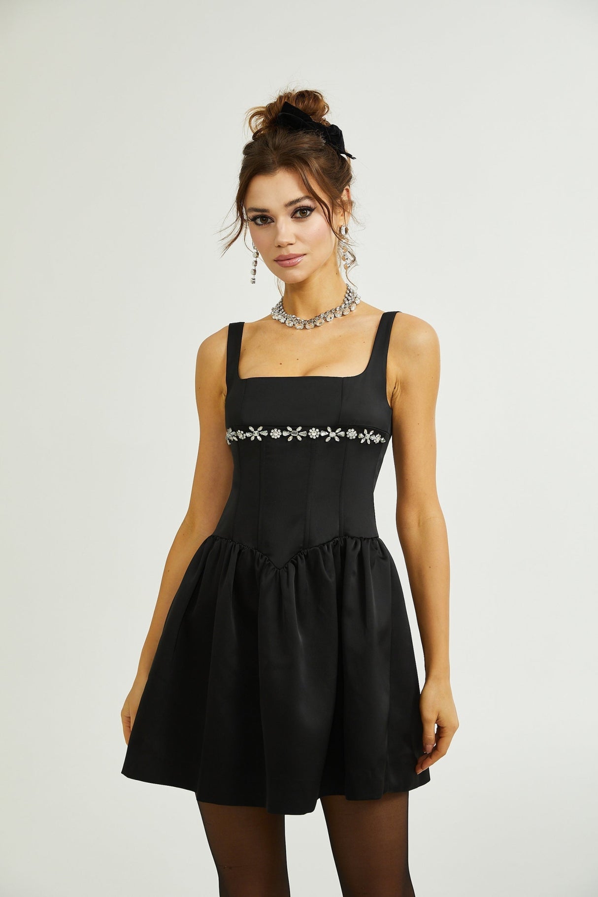 Laila Dress Black Flared Crystal Embellished & Pleated