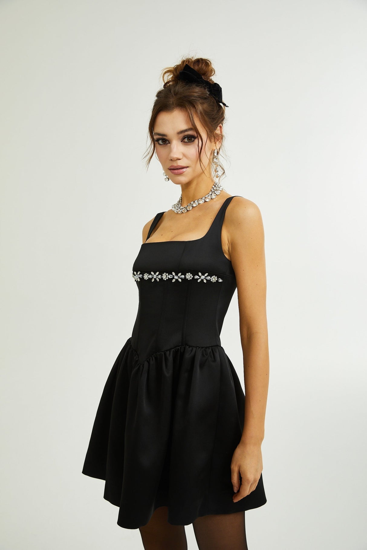 Laila Dress Black Flared Crystal Embellished & Pleated
