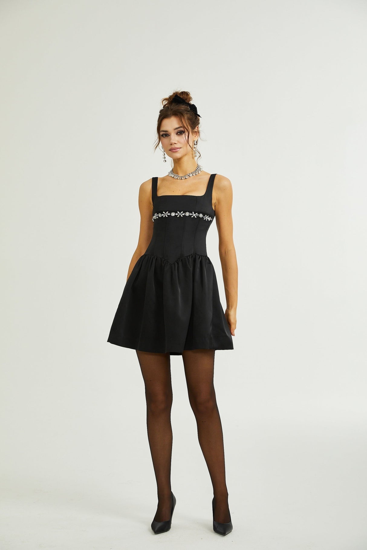 Laila Dress Black Flared Crystal Embellished & Pleated