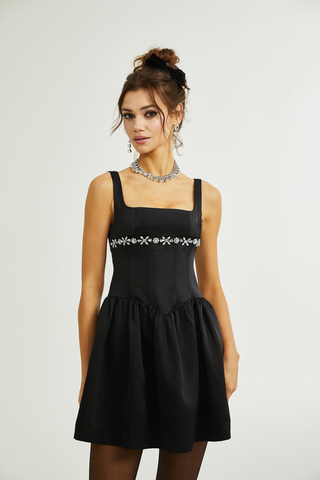 Laila Dress Black Flared Crystal Embellished & Pleated