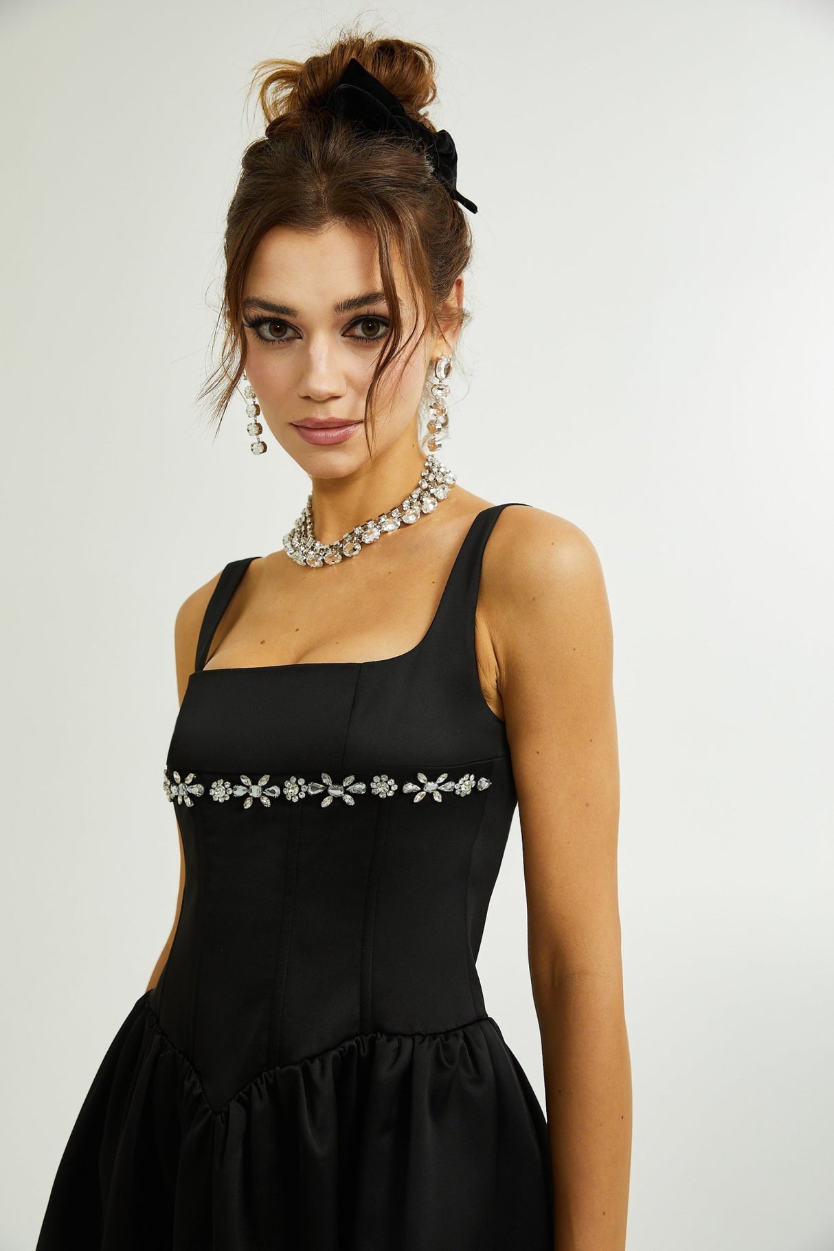 Laila Dress Black Flared Crystal Embellished & Pleated