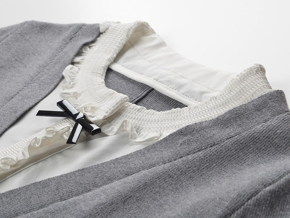 Laila Dress - Figure - Enhancing Silhouette - Elegant Layered Look - Deep V - Neck With Bow Accent - Frilled Cuffs & Bow