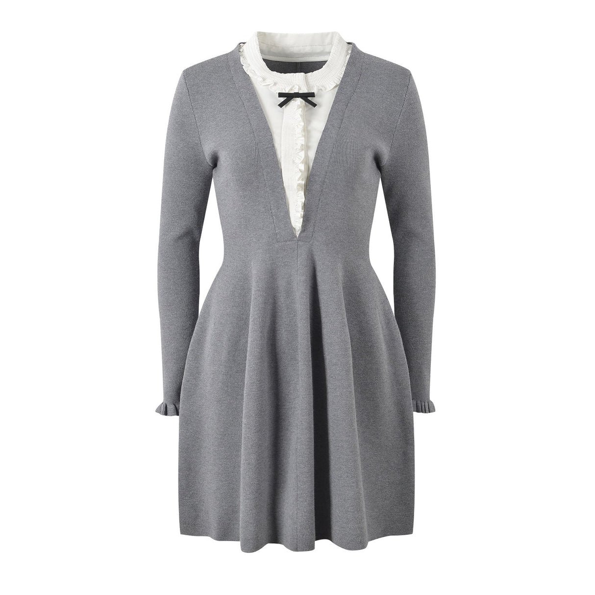 Laila Dress - Figure - Enhancing Silhouette - Elegant Layered Look - Deep V - Neck With Bow Accent - Frilled Cuffs & Bow