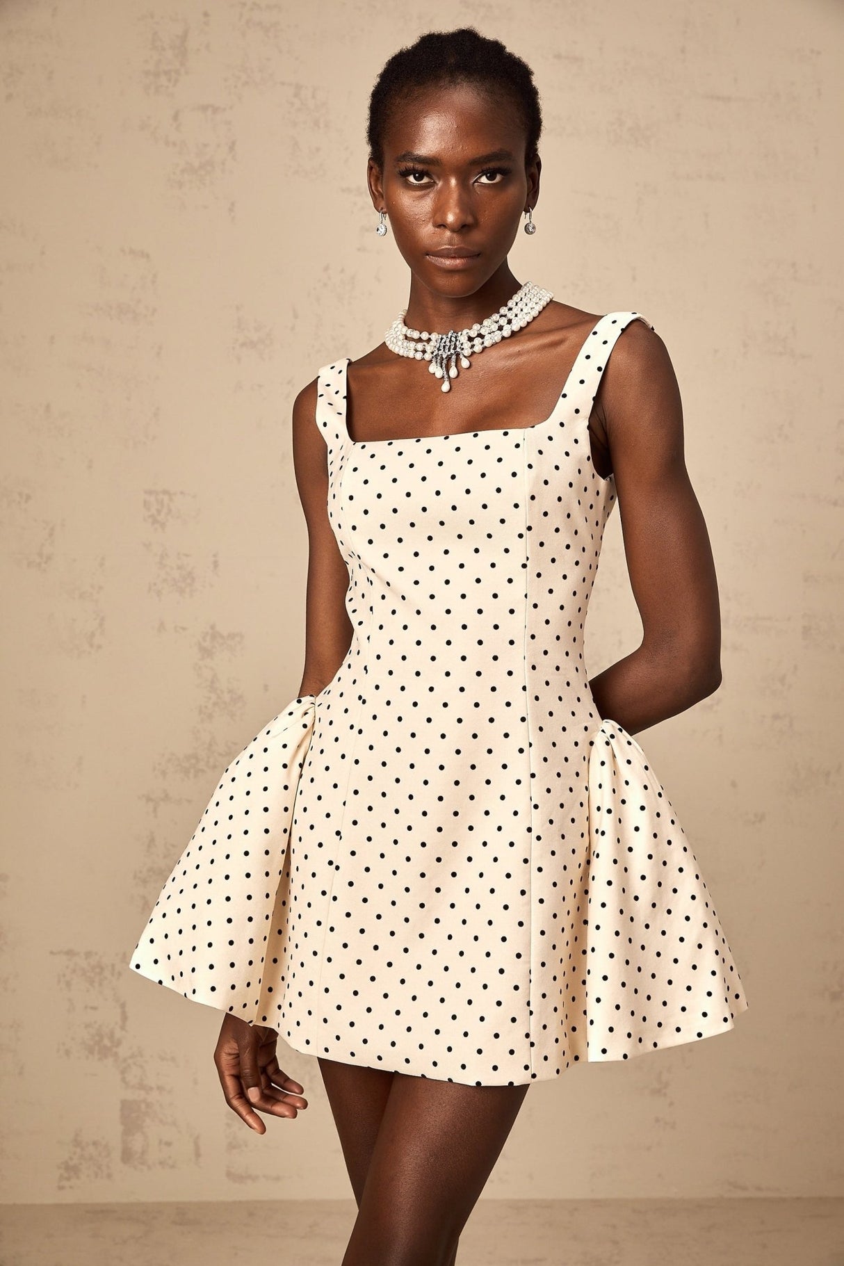Laila Mini Dress - Polka - Dot Print Square Neck Puff Skirt
