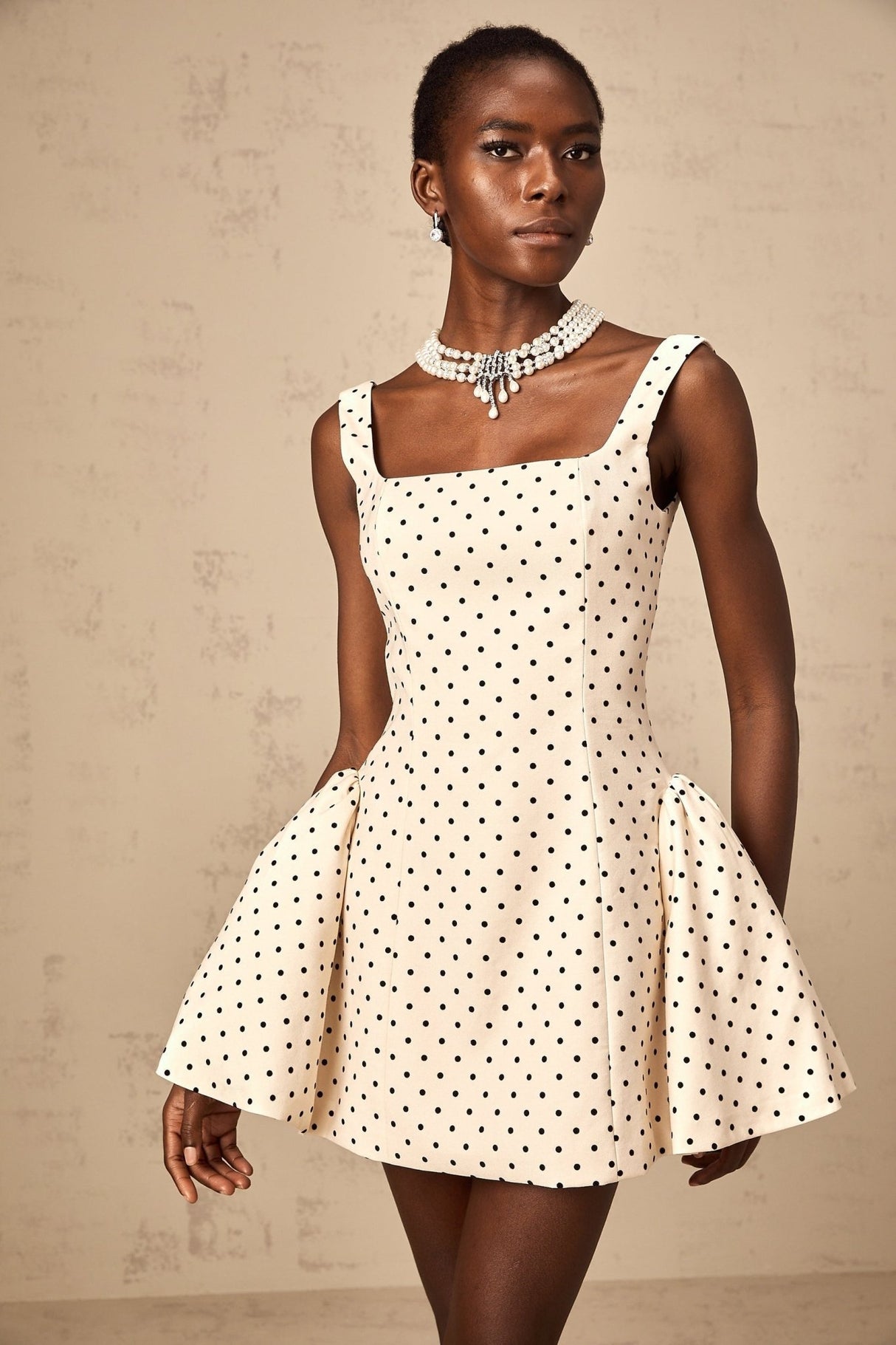 Laila Mini Dress - Polka - Dot Print Square Neck Puff Skirt