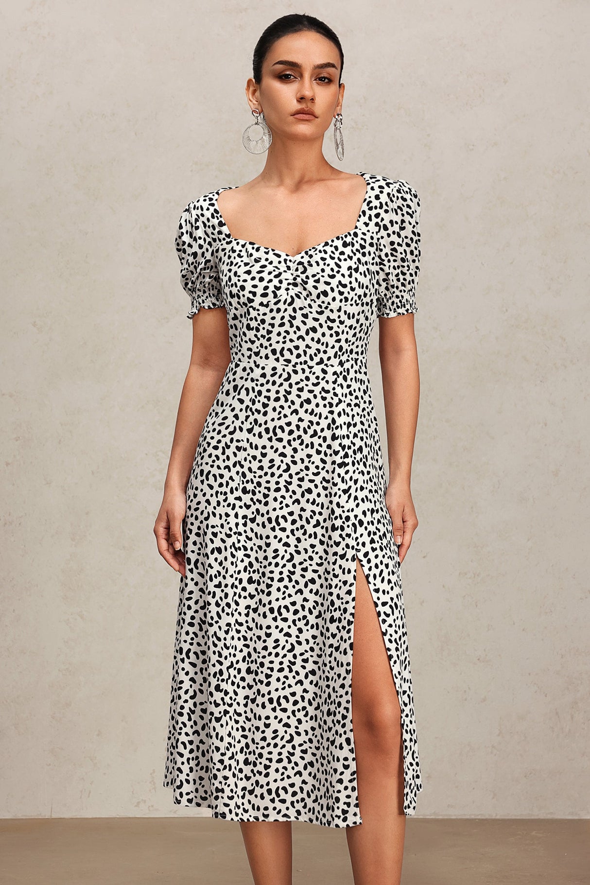 Laila White Midi Dress with Square Neckline and Puff Sleeves