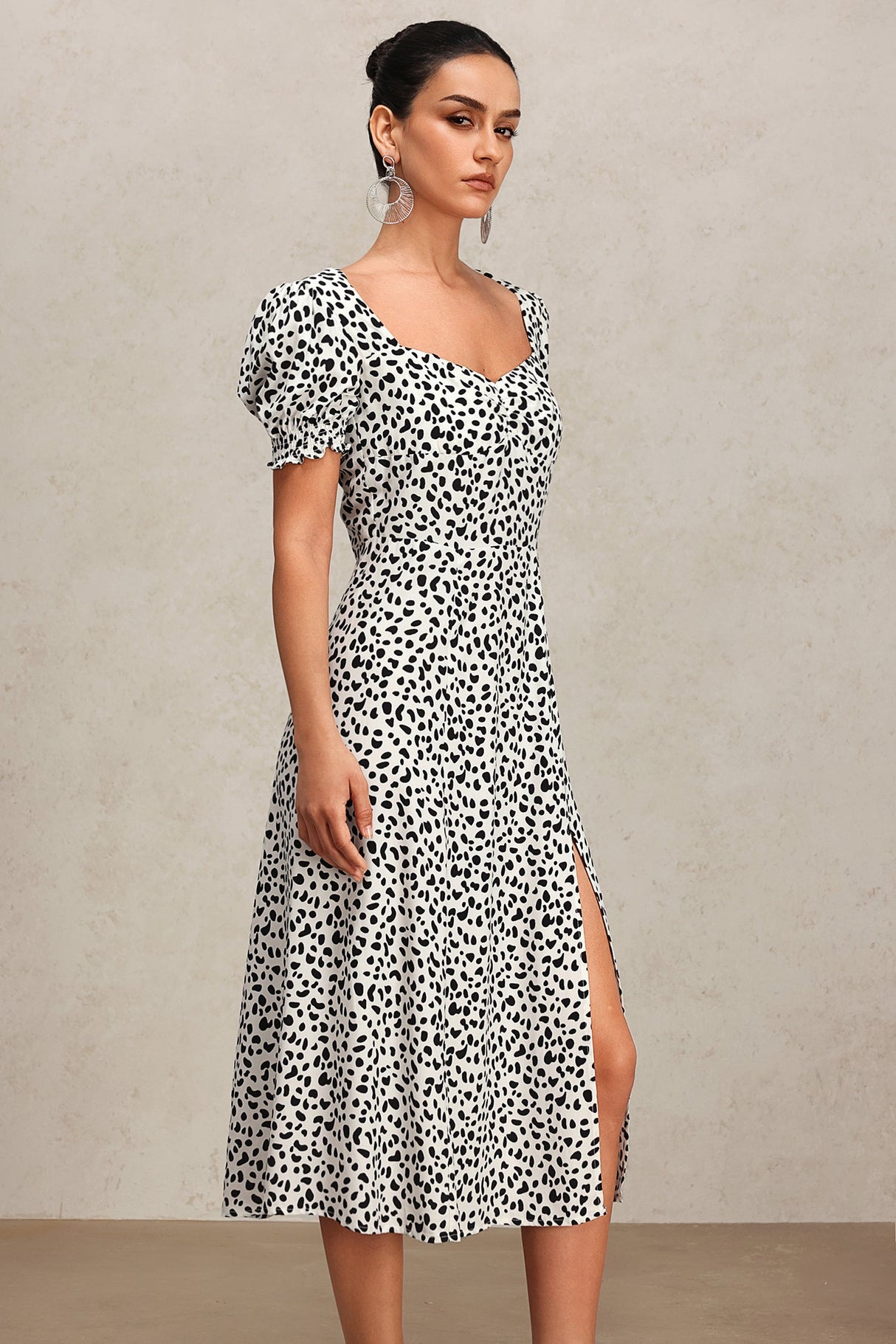 Laila White Square Neckline Puff Sleeve Midi Dress with Eye-Catching Print and Skirt Slit