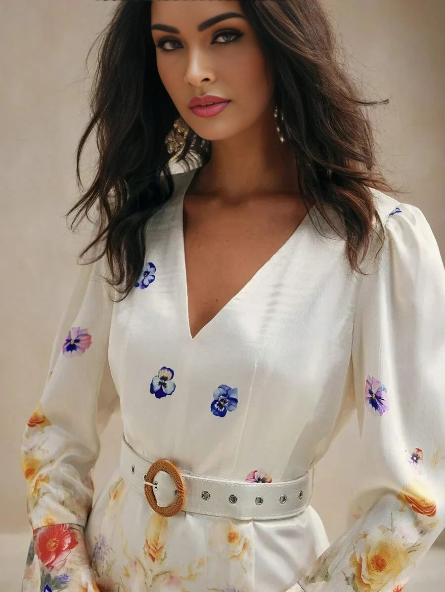 This elegant dress features a soft white fabric adorned with delicate floral prints in shades of purple, orange, and pink..