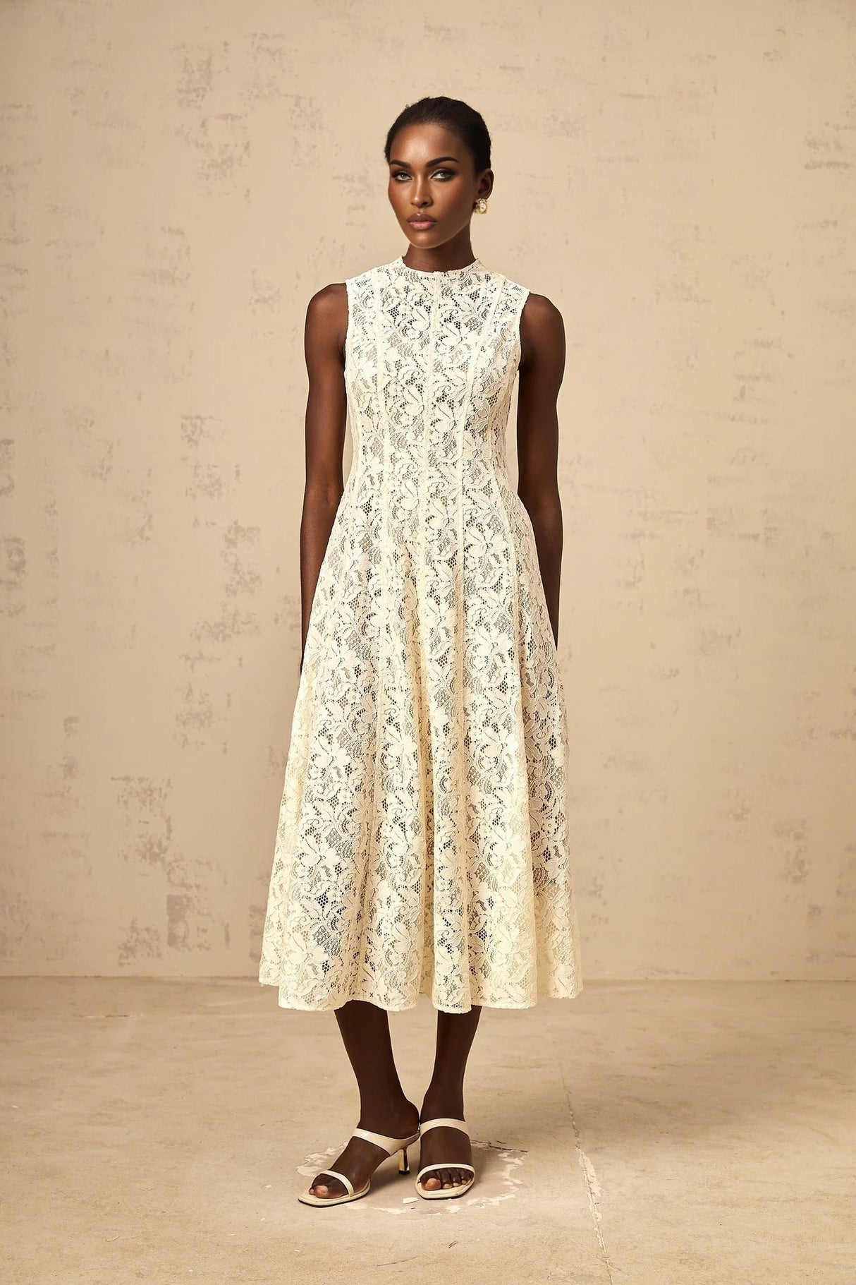 Lainey Midi Dress Beige Floral - Lace Flared Hem