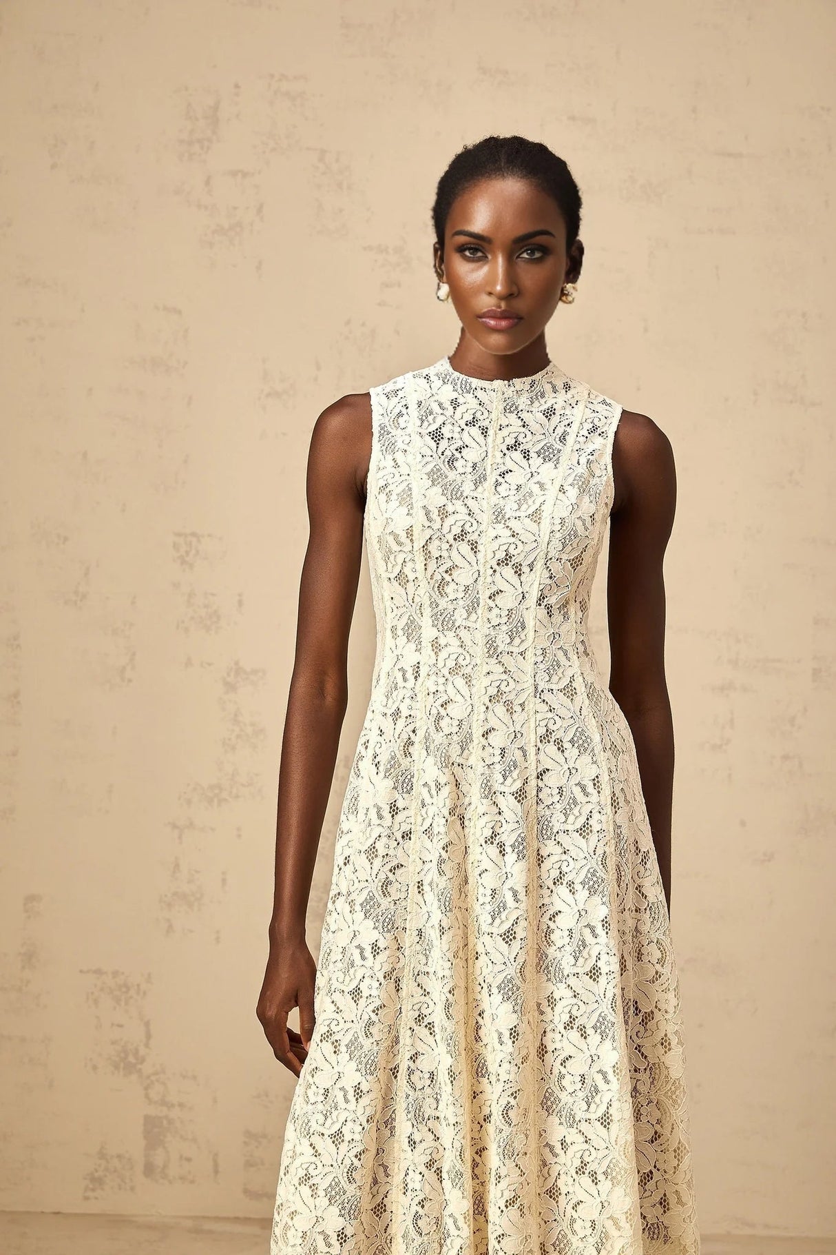 Lainey Midi Dress Beige Floral - Lace Flared Hem