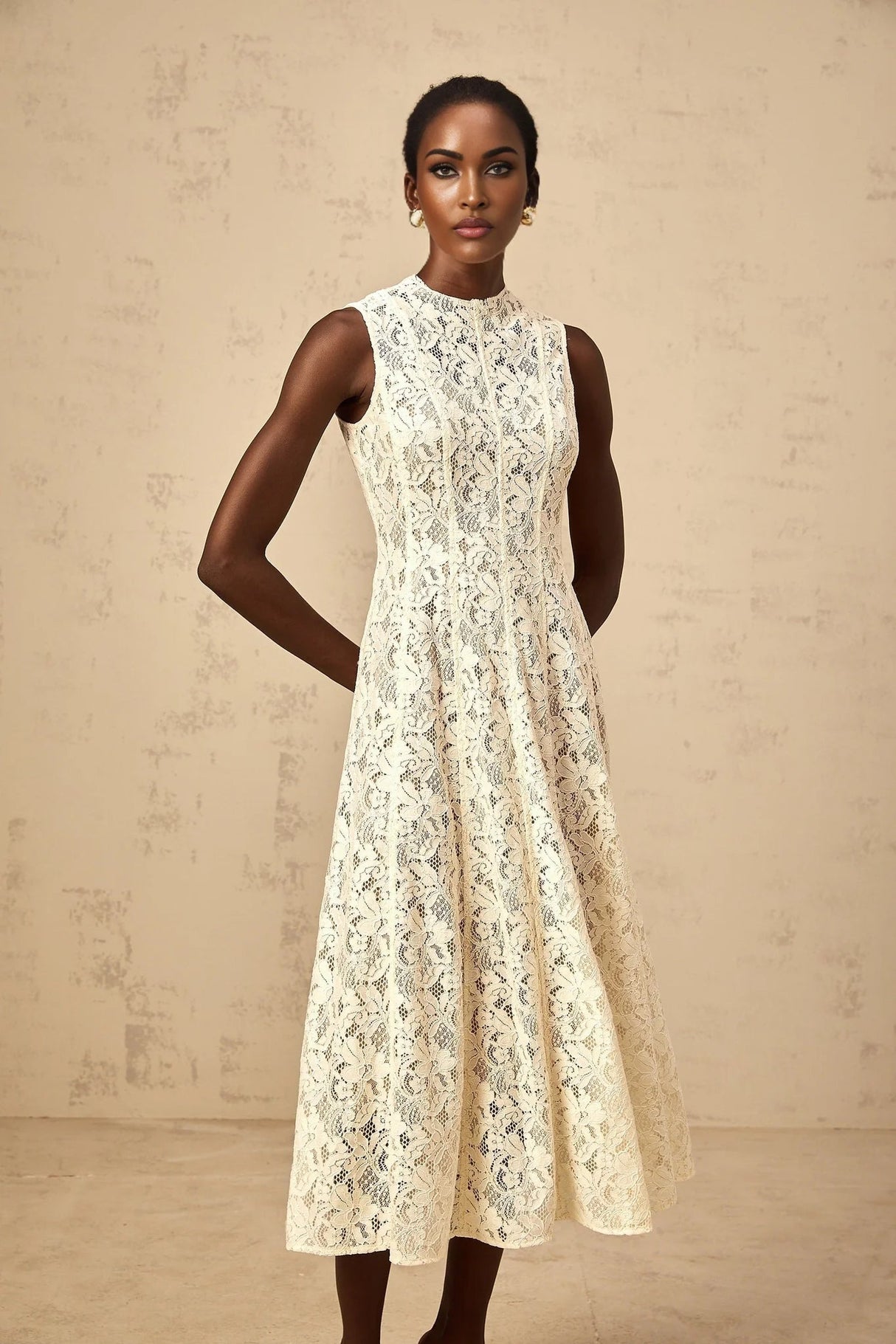 Lainey Midi Dress Beige Floral - Lace Flared Hem