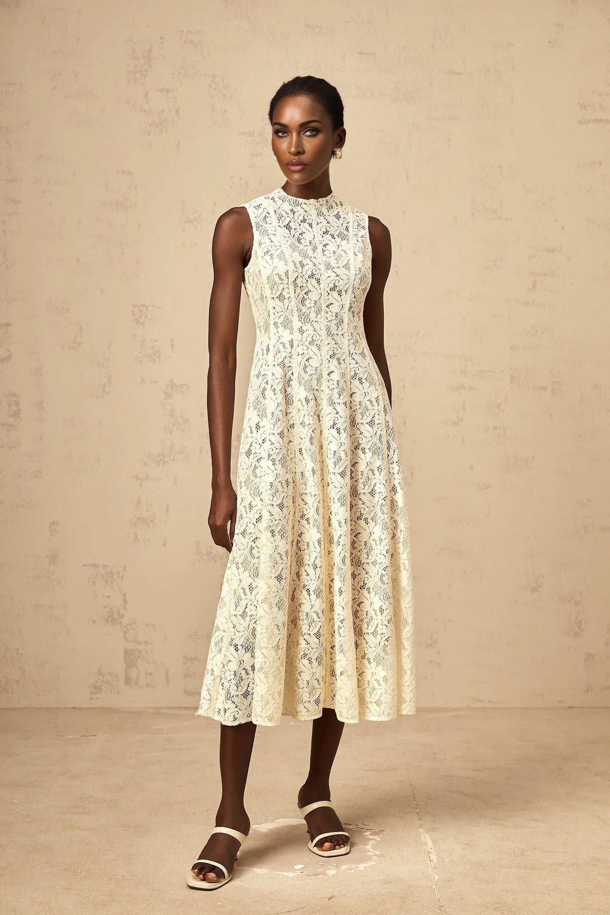 Lainey Midi Dress Beige Floral - Lace Flared Hem