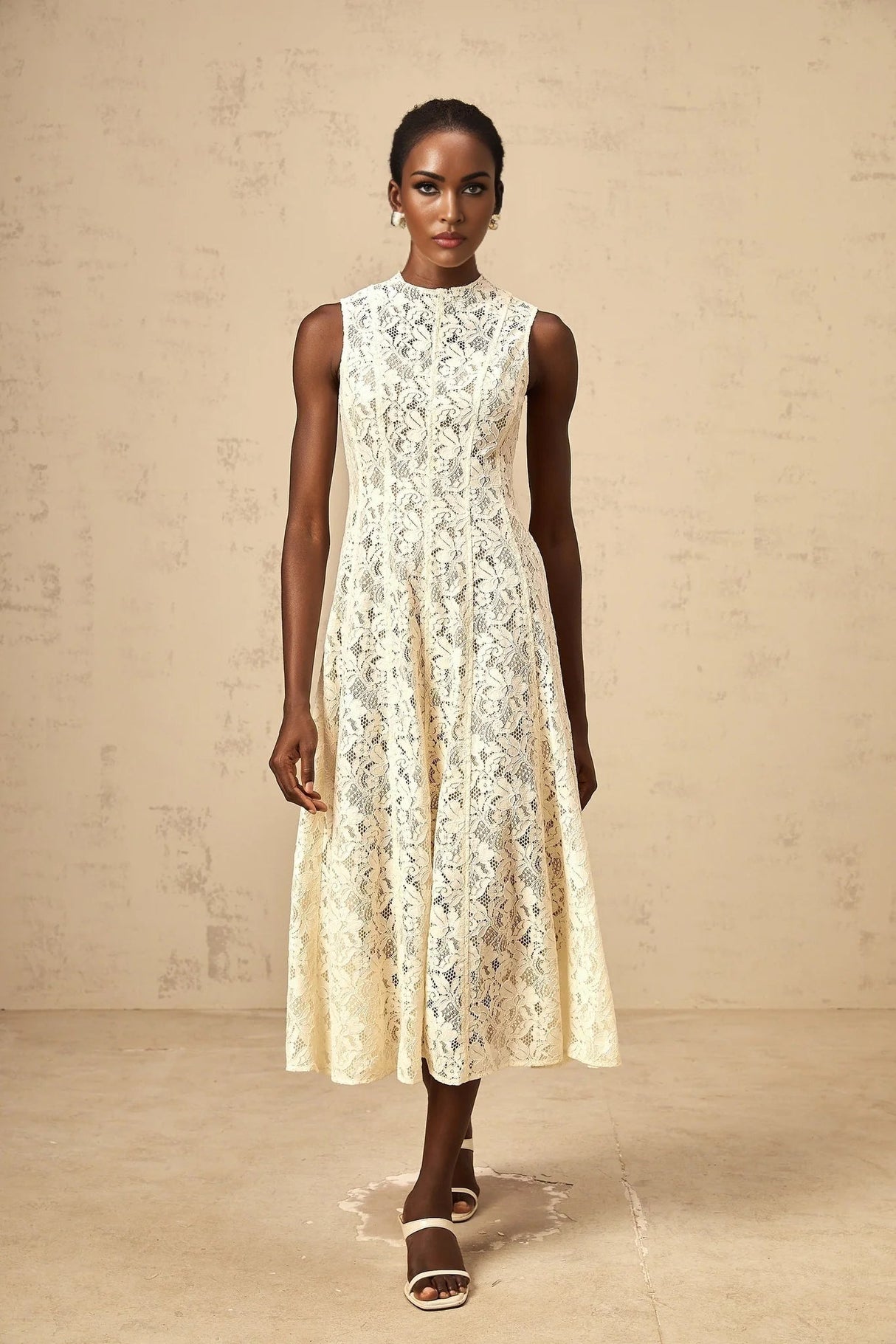 Lainey Midi Dress Beige Floral - Lace Flared Hem