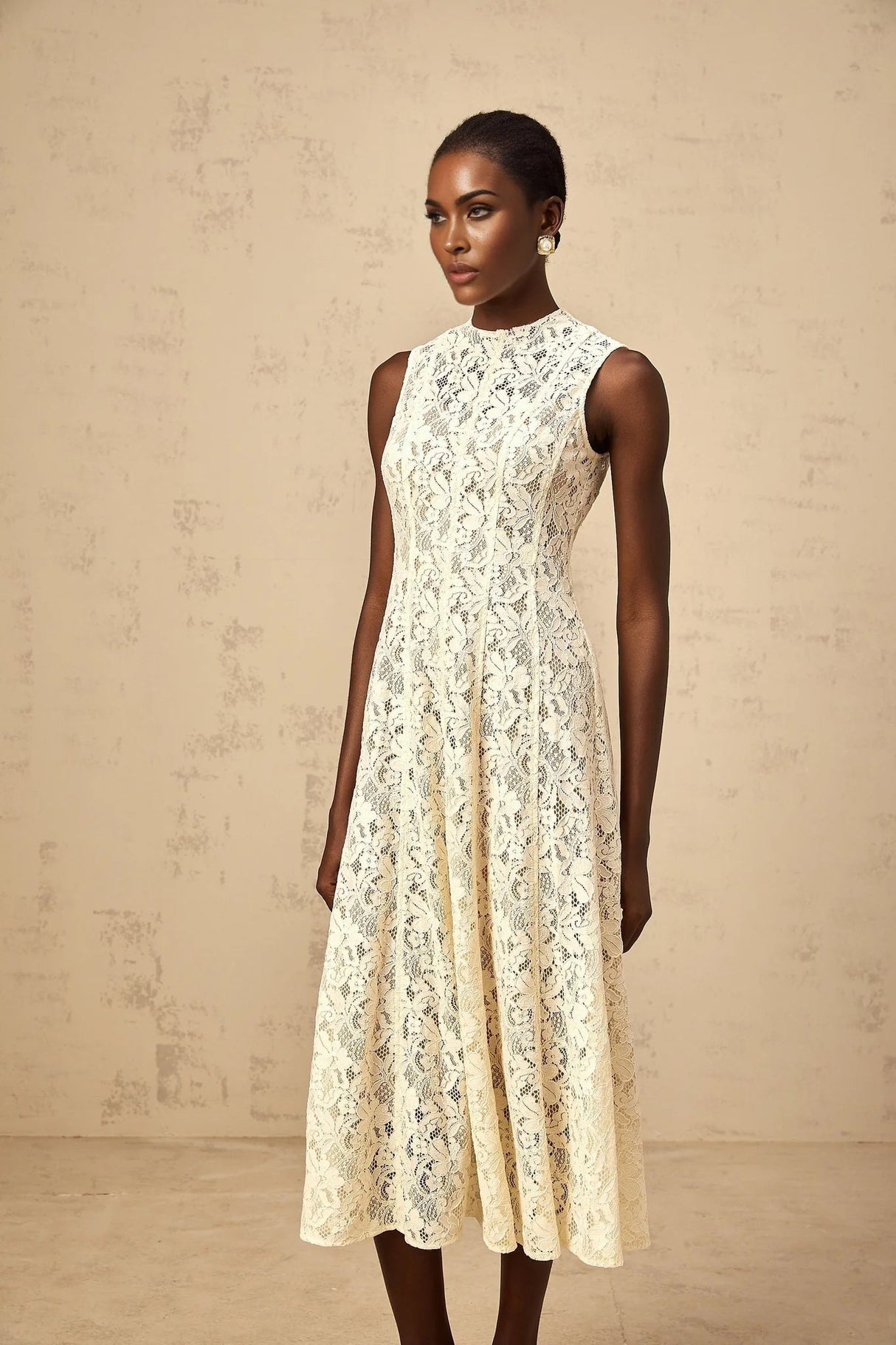 Lainey Midi Dress Beige Floral - Lace Flared Hem