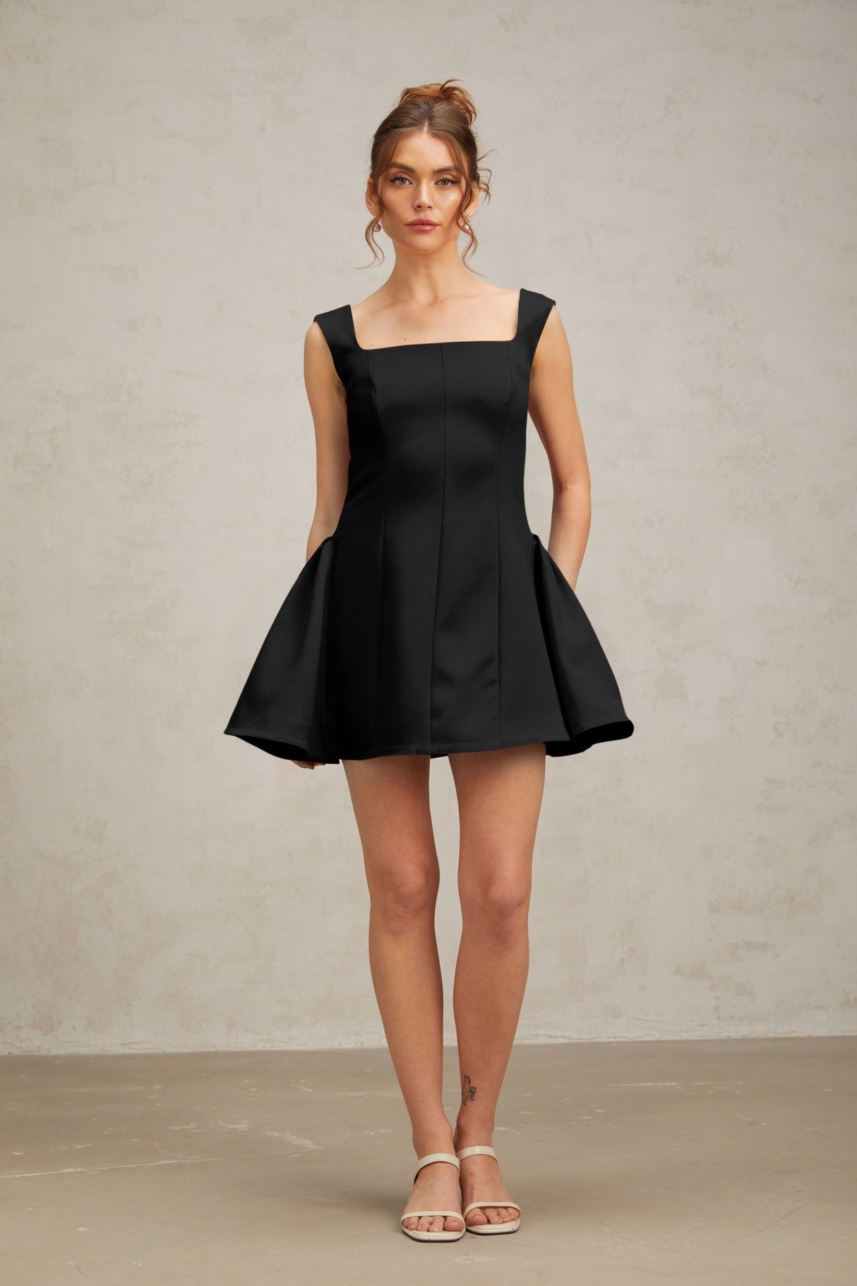 Lainey Mini Dress Black Square Neck Puff Openback