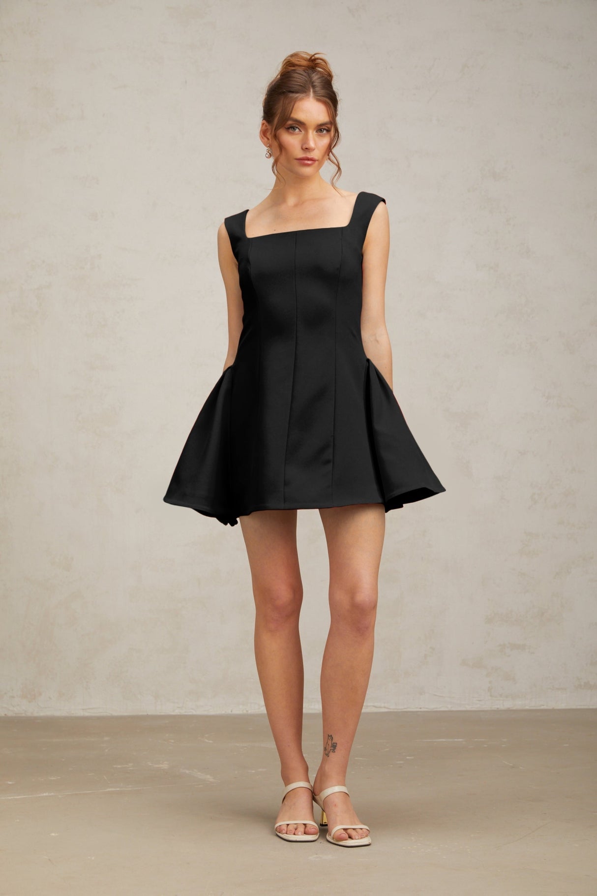 Lainey Mini Dress Black Square Neck Puff Openback