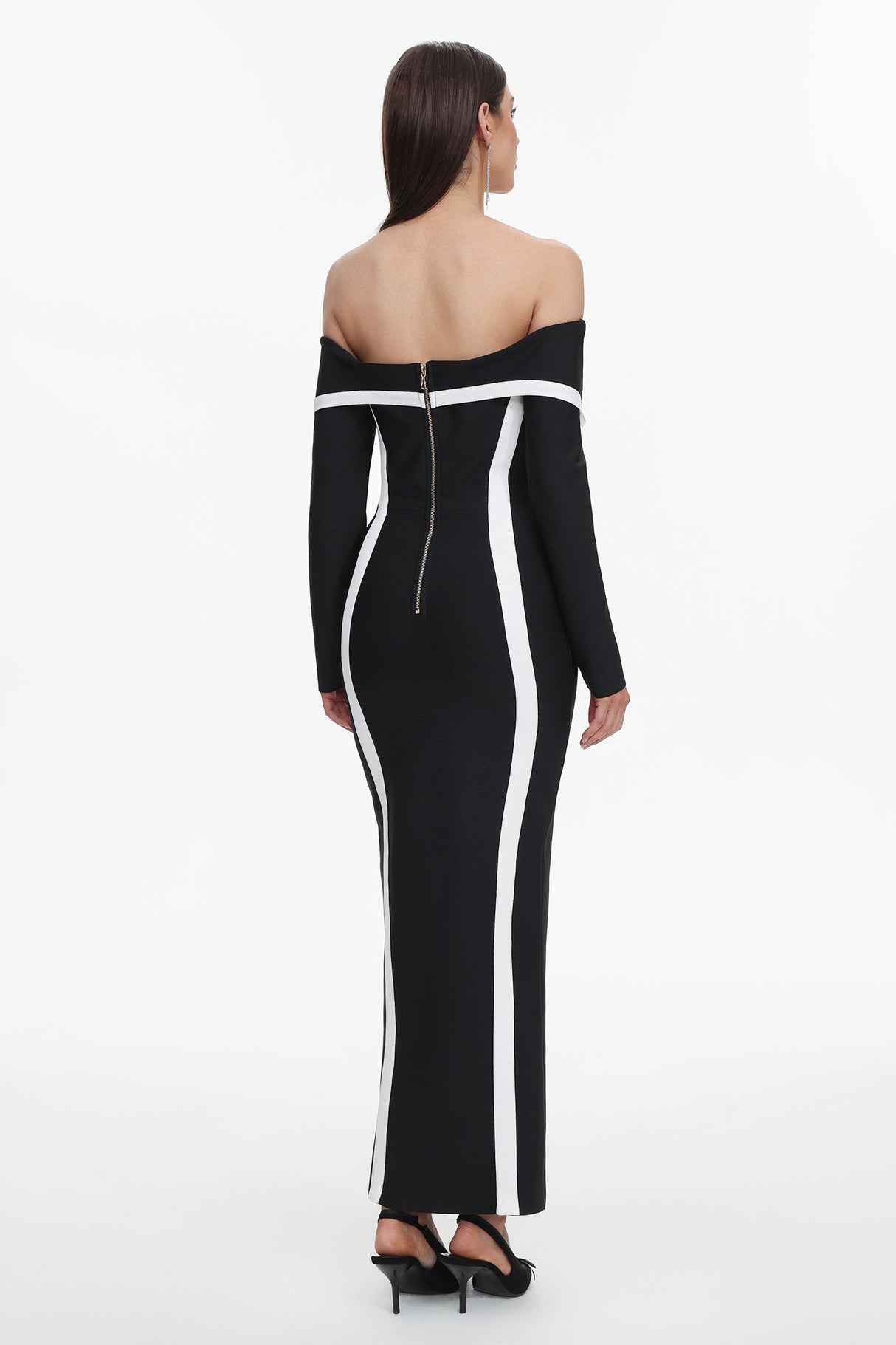 Lana Black Off-Shoulder Maxi Dress with Long Sleeves and Contrasting Lines