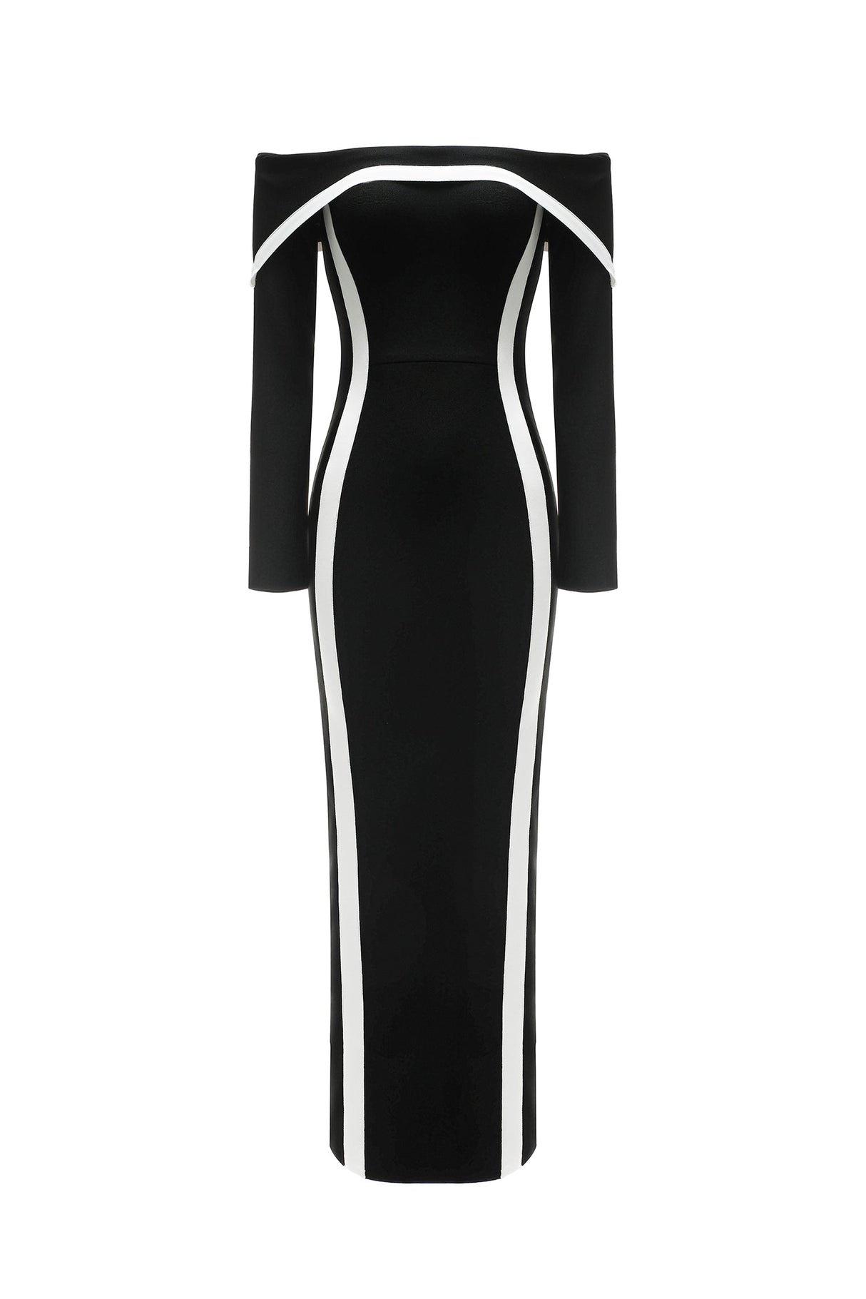 Lana Black Off-The-Shoulder Maxi Dress with Contrasting Lines and Fitted Bodice