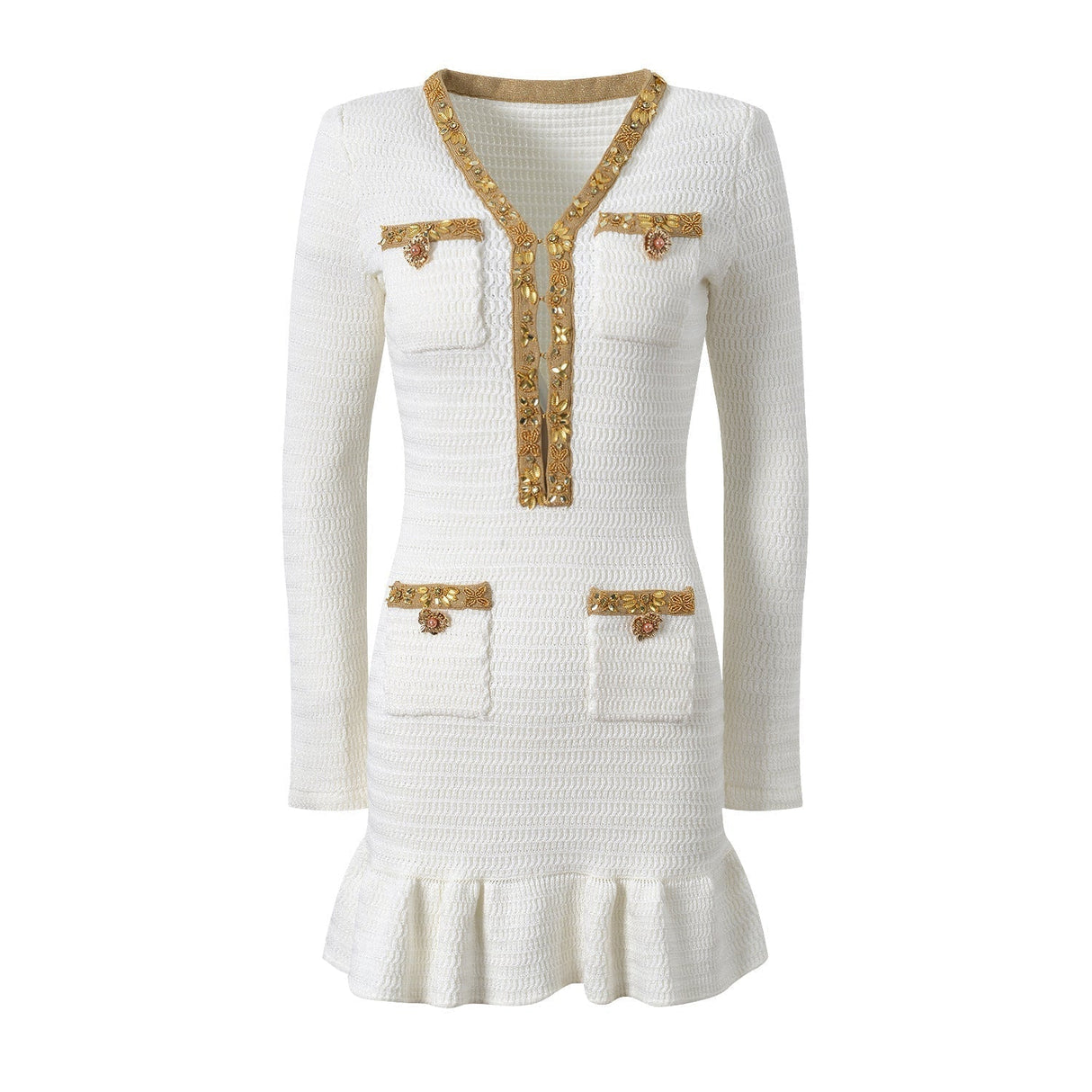 Lana Dress - Fitted Silhouette With Flared Hem - Long - Sleeve Design - Tailored Fit - Elegant Embellished Details