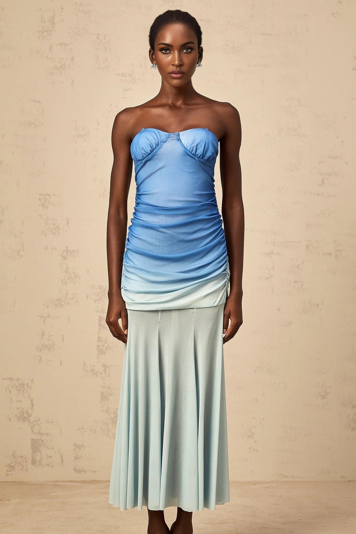 Lana Midi Dress Blue Mesh Gradient Flare & Ruched