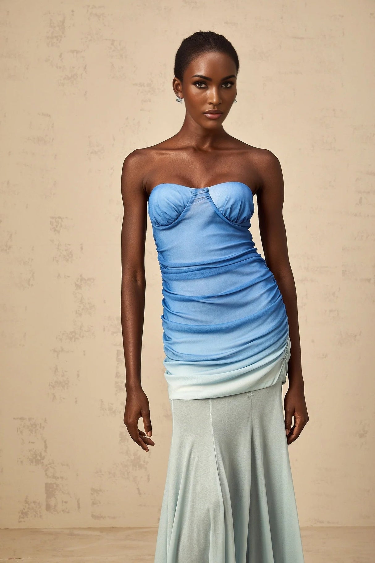 Lana Midi Dress Blue Mesh Gradient Flare & Ruched