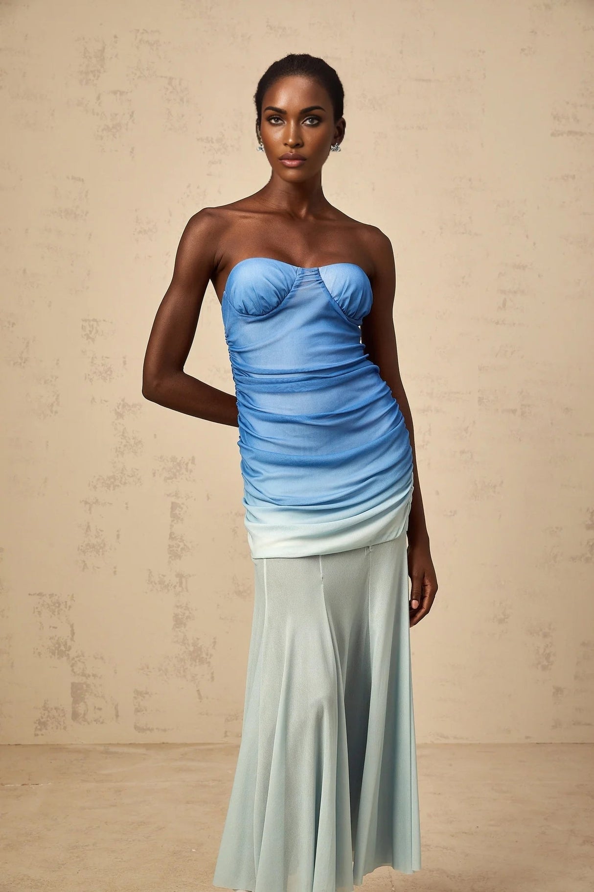 Lana Midi Dress Blue Mesh Gradient Flare & Ruched